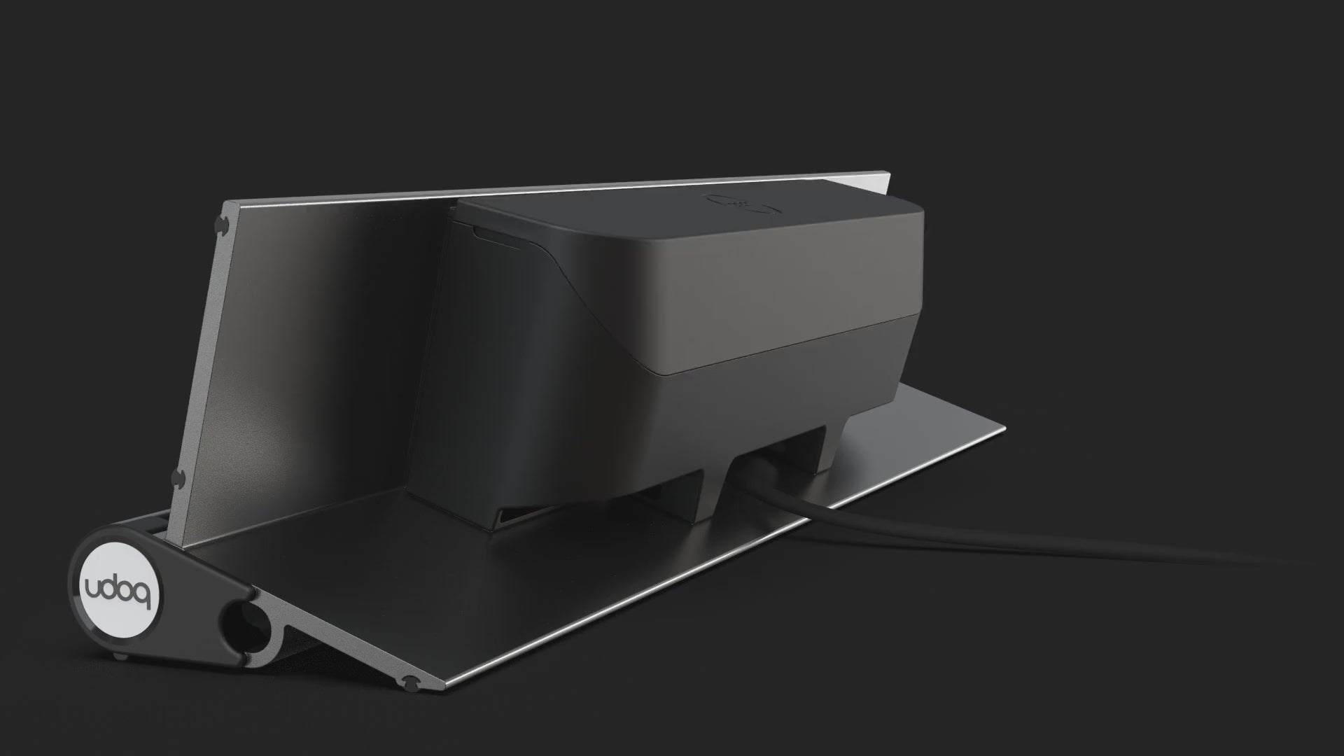 udoq Ladestation von hinten, Kabelbox öffnet und schliesst sich und zeigt aufgeräumtes Ladegerät mit Kabeln, verstweckt in der box