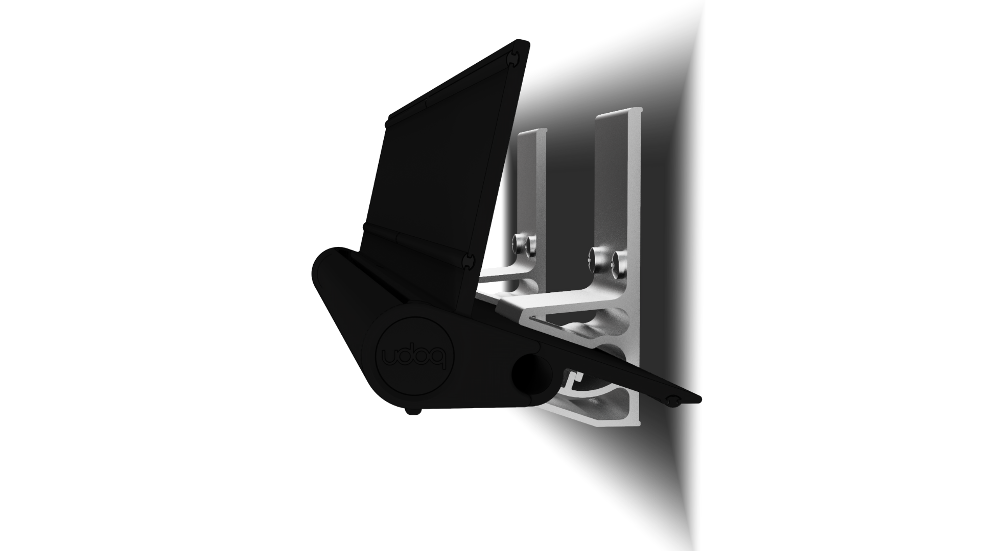 udoq Wandhalterung in silber - für eine absolut stabile Befestigung des udoq an jeder Wand. Träger mit Klemmplatten aus massivem Aluminium bilden über eine 4 fache Schraub-Klemmung eine schwingungsfreie Verankerung für alle udoqs.