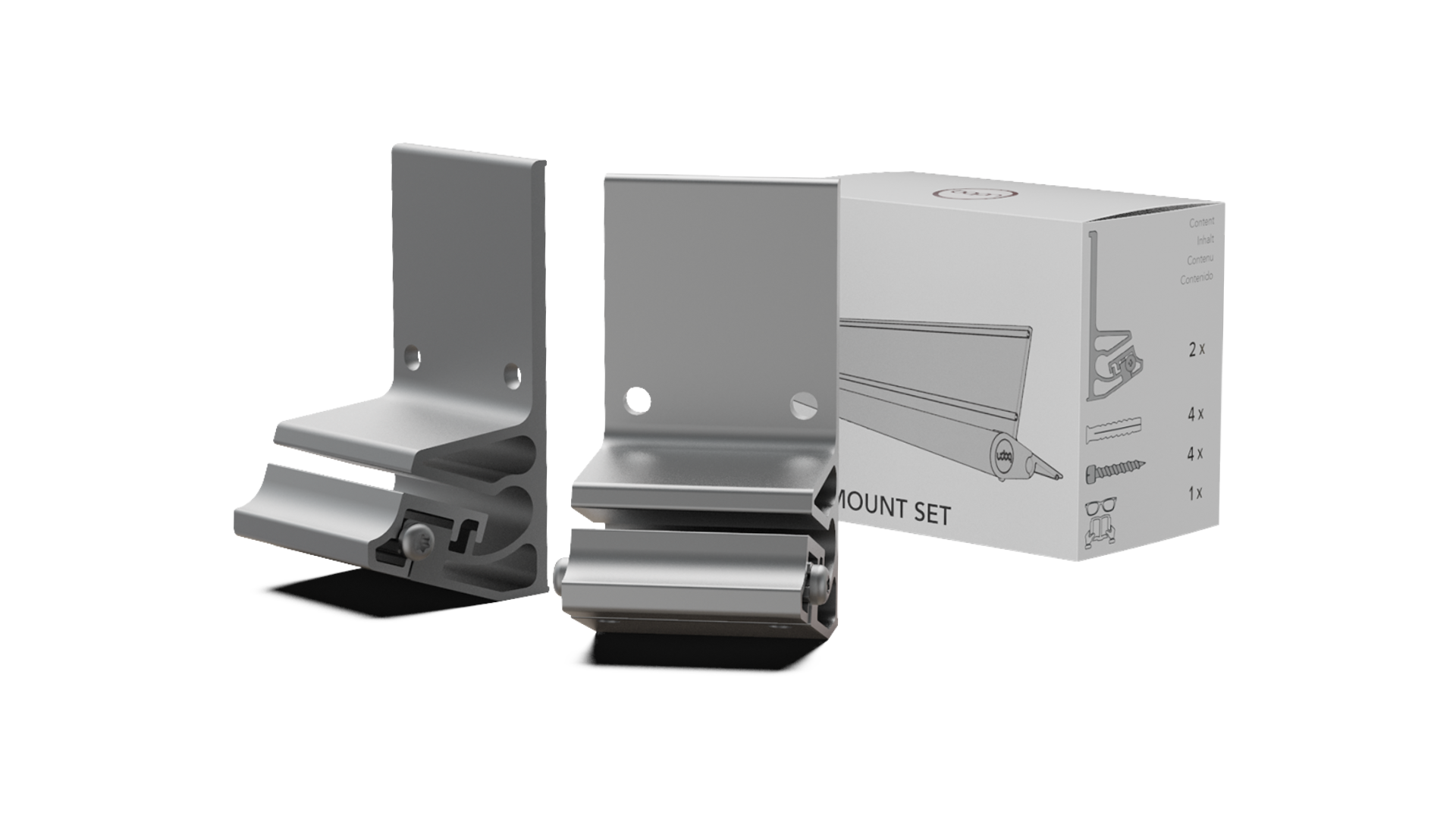 udoq Wandhalterung in silber - für eine absolut stabile Befestigung des udoq an jeder Wand. Träger mit Klemmplatten aus massivem Aluminium bilden über eine 4 fache Schraub-Klemmung eine schwingungsfreie Verankerung für alle udoqs.