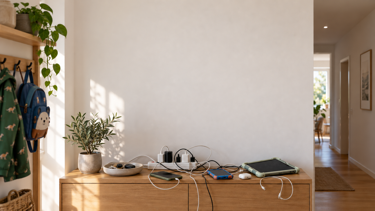 Flur mit Sideboard, darauf eine Steckdosenleiste mit mehreren Netzteilen, verknotete Ladekabel, zwei Smartphones und ein Tablet