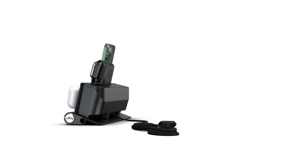 udoq 250 PREMIUM WATCH Ladestation schwarz - 3 fach Ladestation gefräst und eloxiert aus solidem Aluminium. Exklusives Design mit patentierten verschiebbaren Anschlüssen. Lade platzsparend alle iPad, iPhone, AirPods, Apple Watch und Android Geräte mit bis zu 136W.