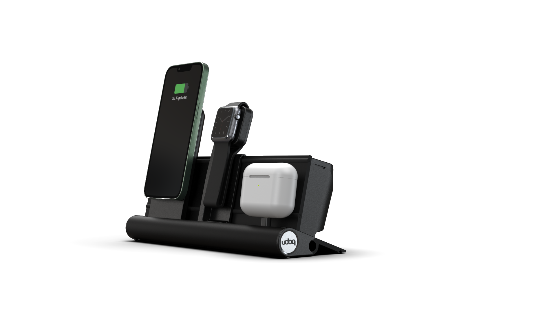 udoq 250 PREMIUM WATCH Ladestation schwarz - 3 fach Ladestation gefräst und eloxiert aus solidem Aluminium. Exklusives Design mit patentierten verschiebbaren Anschlüssen. Lade platzsparend alle iPad, iPhone, AirPods, Apple Watch und Android Geräte mit bis zu 136W.