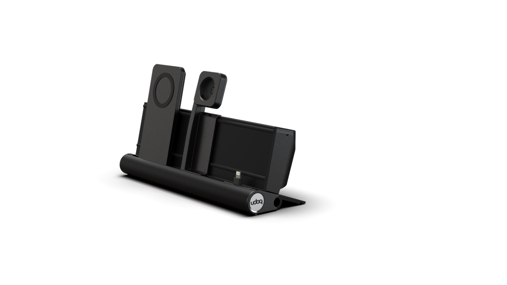 udoq 250 PREMIUM WATCH Ladestation schwarz - 3 fach Ladestation gefräst und eloxiert aus solidem Aluminium. Exklusives Design mit patentierten verschiebbaren Anschlüssen. Lade platzsparend alle iPad, iPhone, AirPods, Apple Watch und Android Geräte mit bis zu 136W.