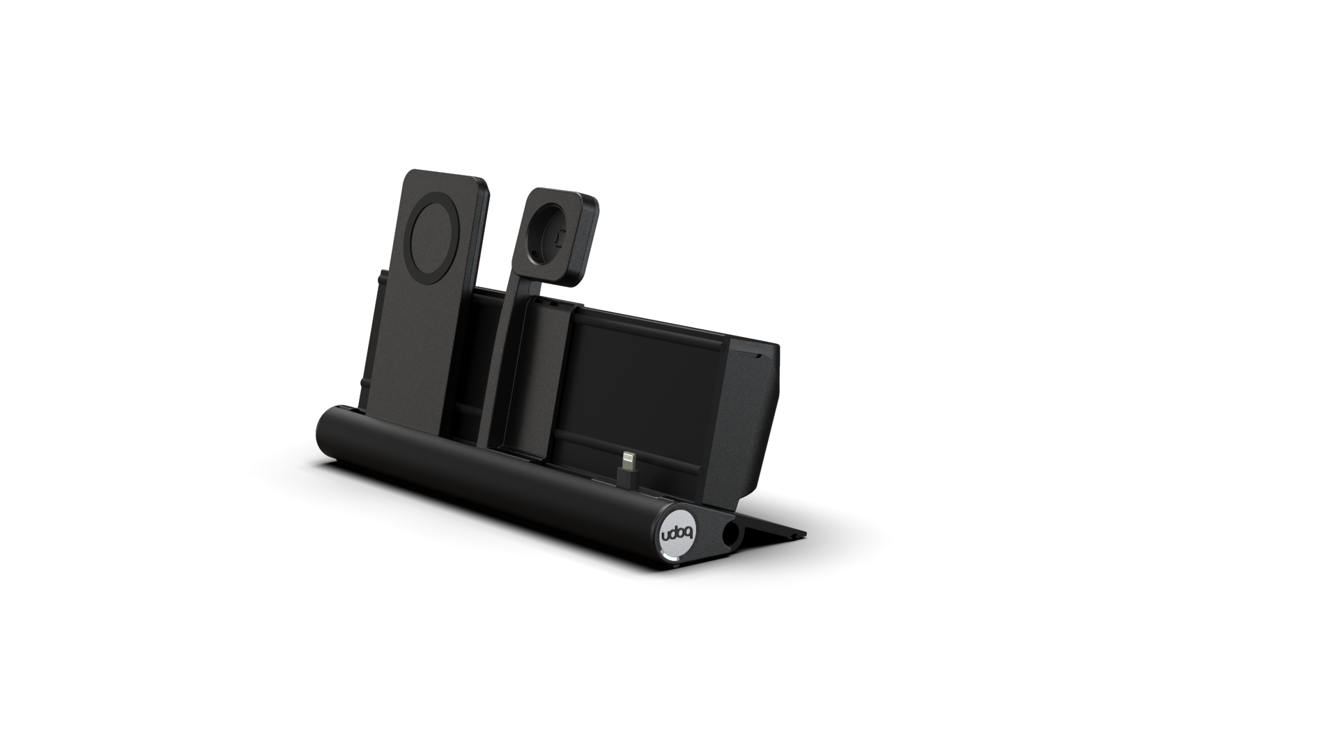 udoq 250 PREMIUM WATCH Ladestation schwarz - 3 fach Ladestation gefräst und eloxiert aus solidem Aluminium. Exklusives Design mit patentierten verschiebbaren Anschlüssen. Lade platzsparend alle iPad, iPhone, AirPods, Apple Watch und Android Geräte mit bis zu 136W.