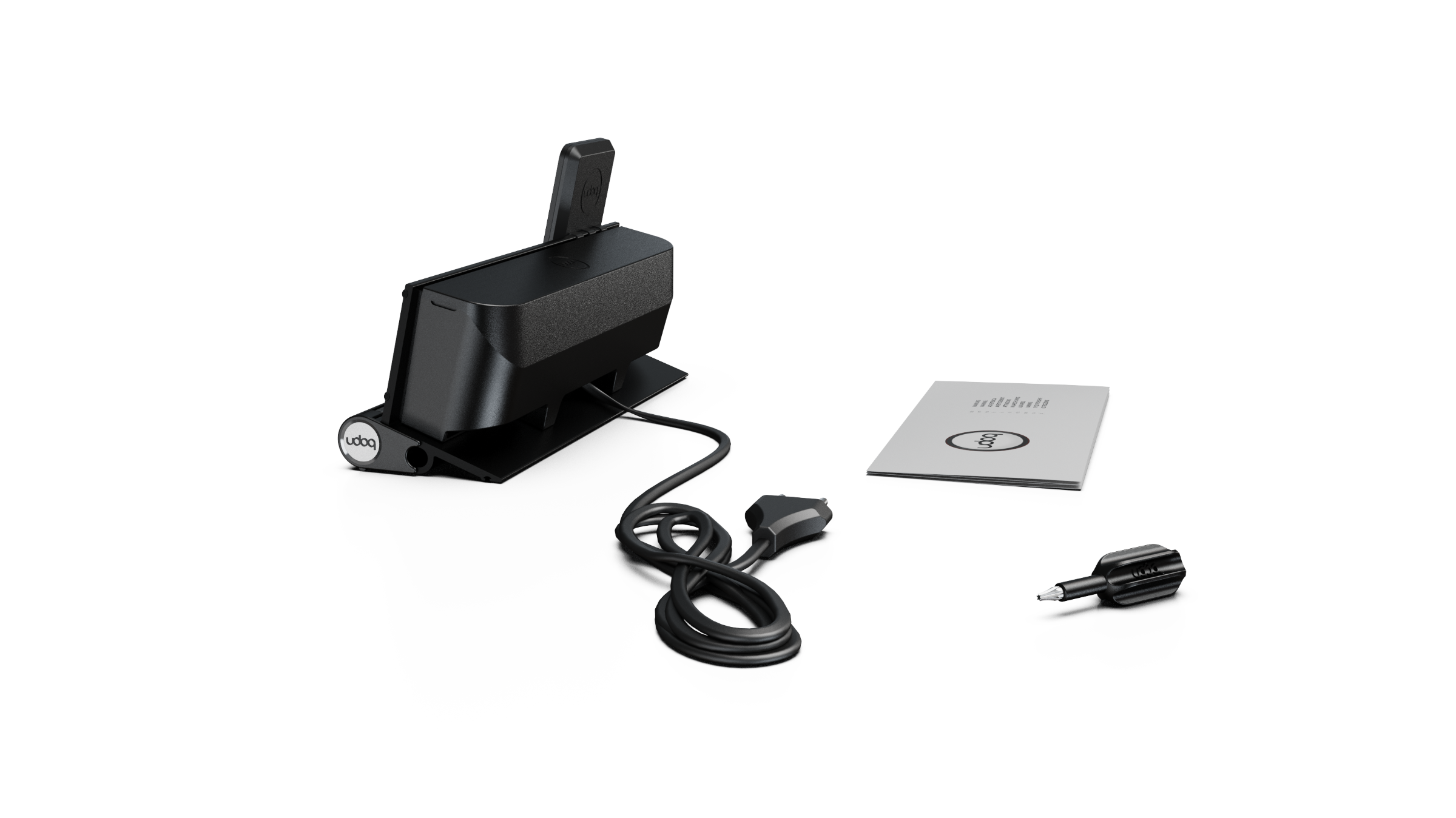 udoq 250 PREMIUM schwarz - 4 fach Ladestation gefräst und eloxiert aus solidem Aluminium. Exklusives Design mit patentierten verschiebbaren Anschlüssen. Lade platzsparend alle iPad, iPhone, AirPods, Apple Watch und Android Geräte mit bis zu 136W.