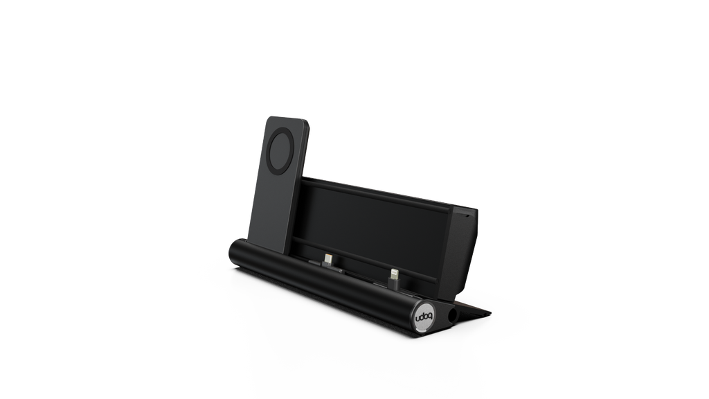 udoq 250 PREMIUM schwarz - 4 fach Ladestation gefräst und eloxiert aus solidem Aluminium. Exklusives Design mit patentierten verschiebbaren Anschlüssen. Lade platzsparend alle iPad, iPhone, AirPods, Apple Watch und Android Geräte mit bis zu 136W.