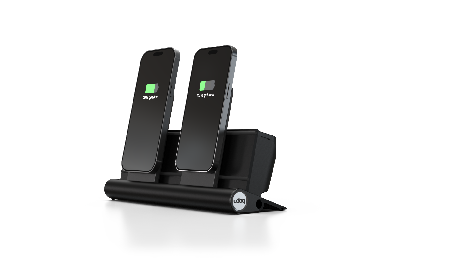 udoq 250 MAGNETIC schwarz - 4 fach Ladestation gefräst und eloxiert aus solidem Aluminium. Exklusives Design mit patentierten verschiebbaren Anschlüssen. Lade platzsparend alle iPad, iPhone, AirPods, Apple Watch und Android Geräte mit bis zu 136W.