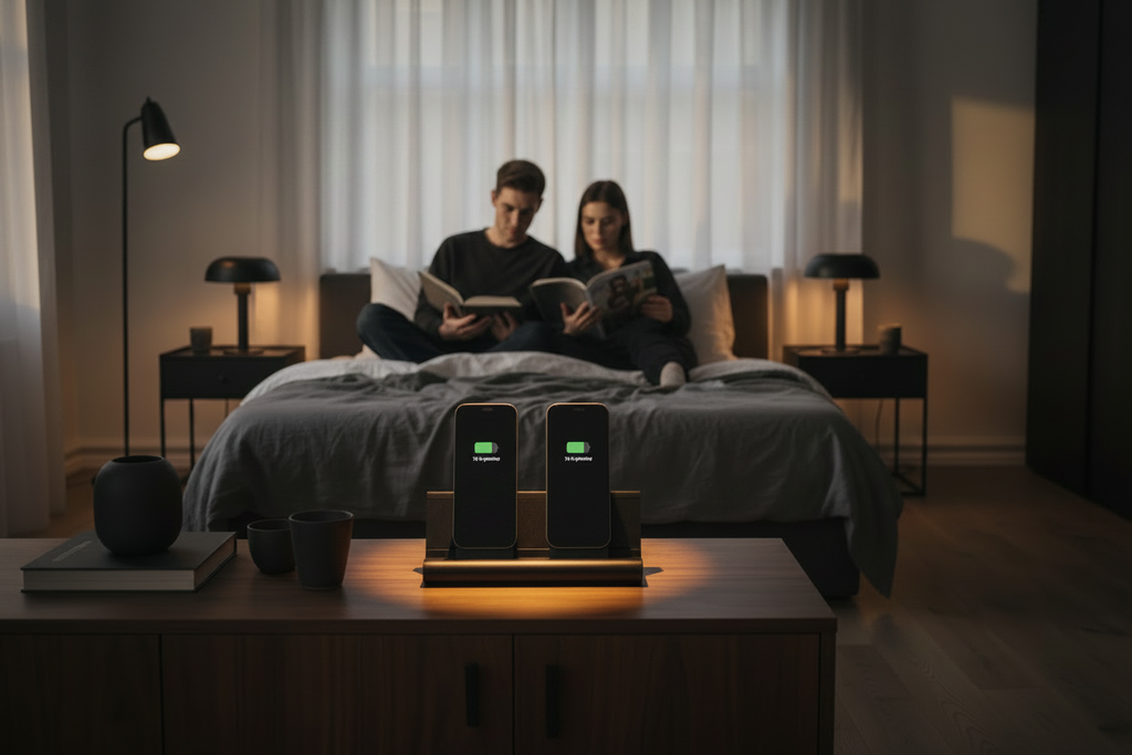 udoq 250 MAGNETIC schwarz - 4 fach Ladestation gefräst und eloxiert aus solidem Aluminium. Exklusives Design mit patentierten verschiebbaren Anschlüssen. Lade platzsparend alle iPad, iPhone, AirPods, Apple Watch und Android Geräte mit bis zu 136W. AA