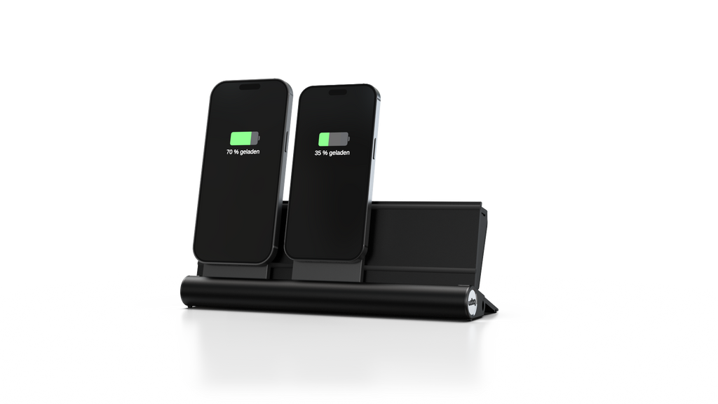 udoq 250 MAGNETIC schwarz - 4 fach Ladestation gefräst und eloxiert aus solidem Aluminium. Exklusives Design mit patentierten verschiebbaren Anschlüssen. Lade platzsparend alle iPad, iPhone, AirPods, Apple Watch und Android Geräte mit bis zu 136W.