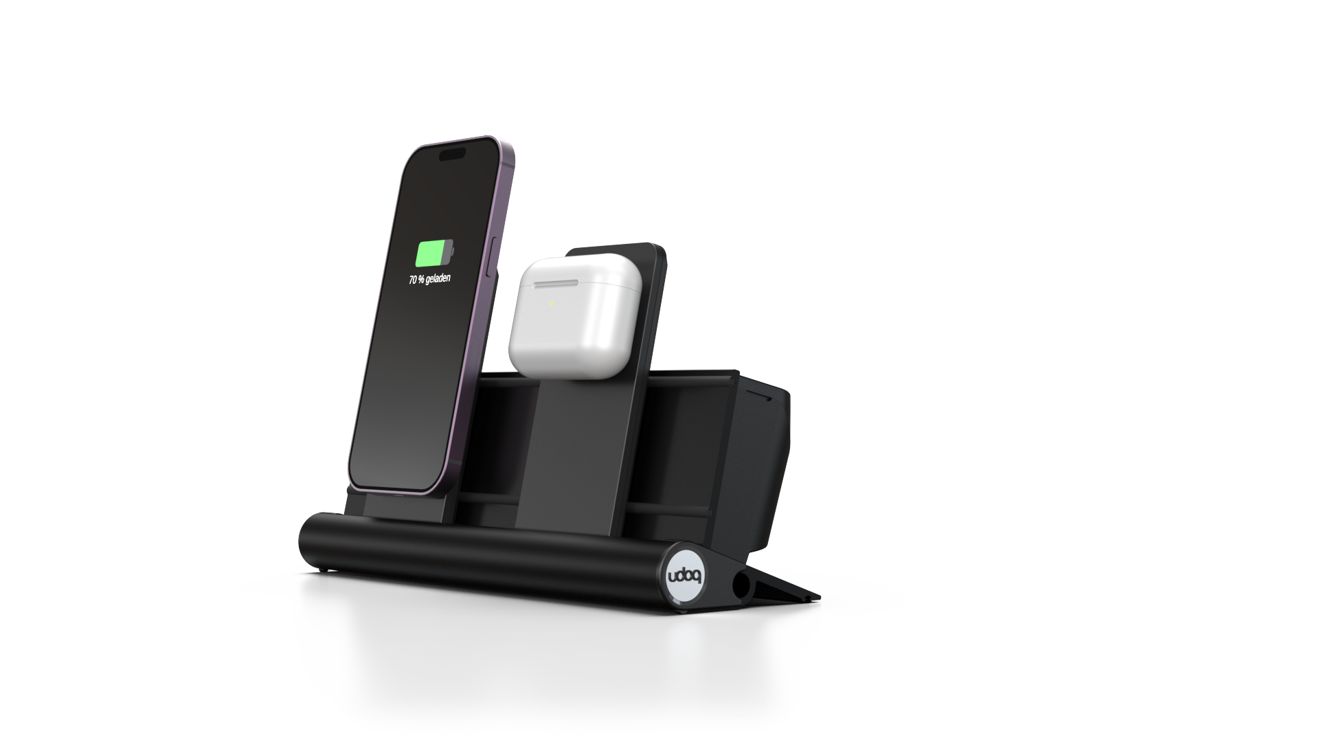 udoq 250 MAGNETIC schwarz - 4 fach Ladestation gefräst und eloxiert aus solidem Aluminium. Exklusives Design mit patentierten verschiebbaren Anschlüssen. Lade platzsparend alle iPad, iPhone, AirPods, Apple Watch und Android Geräte mit bis zu 136W.
