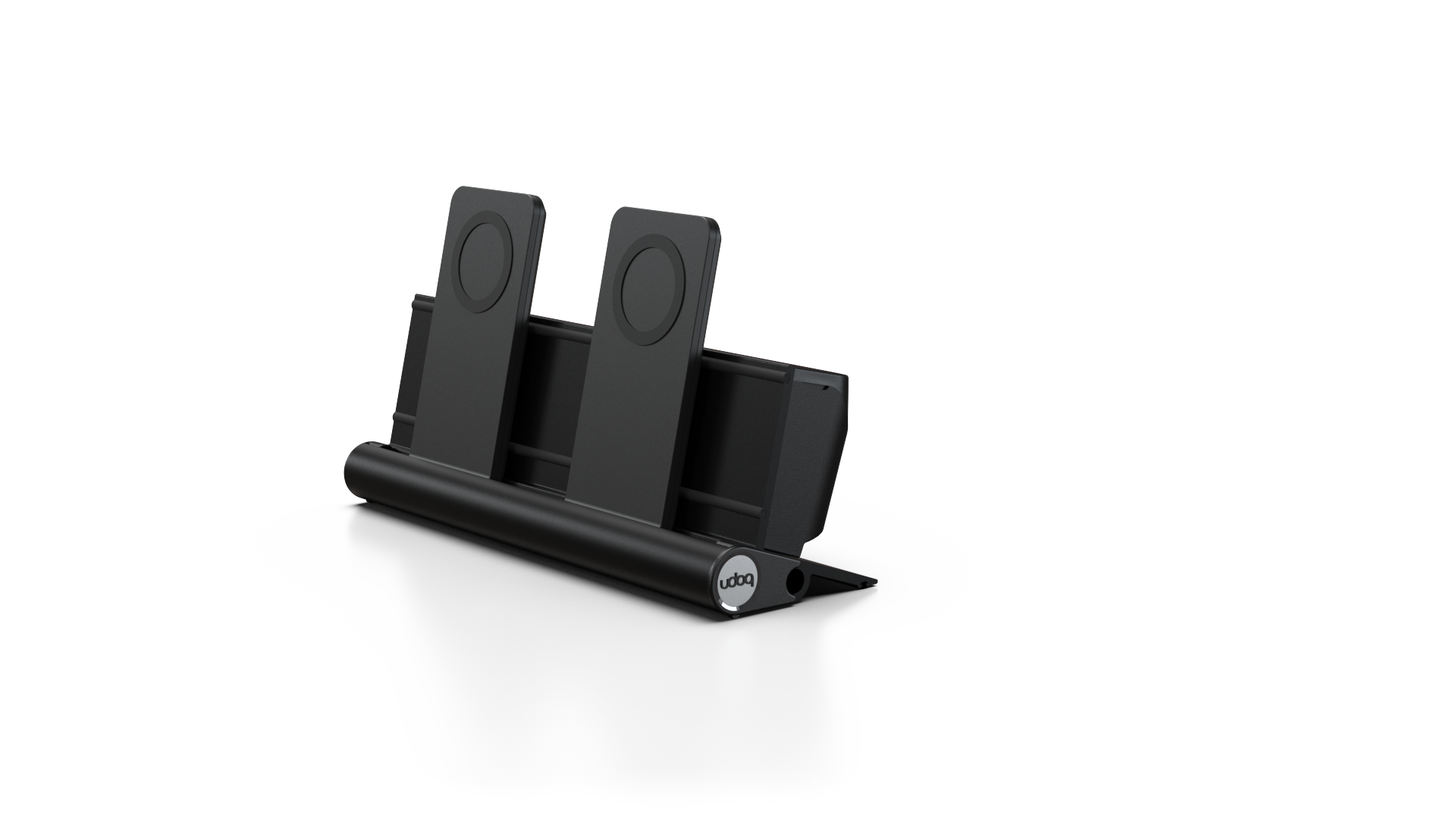 udoq 250 MAGNETIC schwarz - 4 fach Ladestation gefräst und eloxiert aus solidem Aluminium. Exklusives Design mit patentierten verschiebbaren Anschlüssen. Lade platzsparend alle iPad, iPhone, AirPods, Apple Watch und Android Geräte mit bis zu 136W.