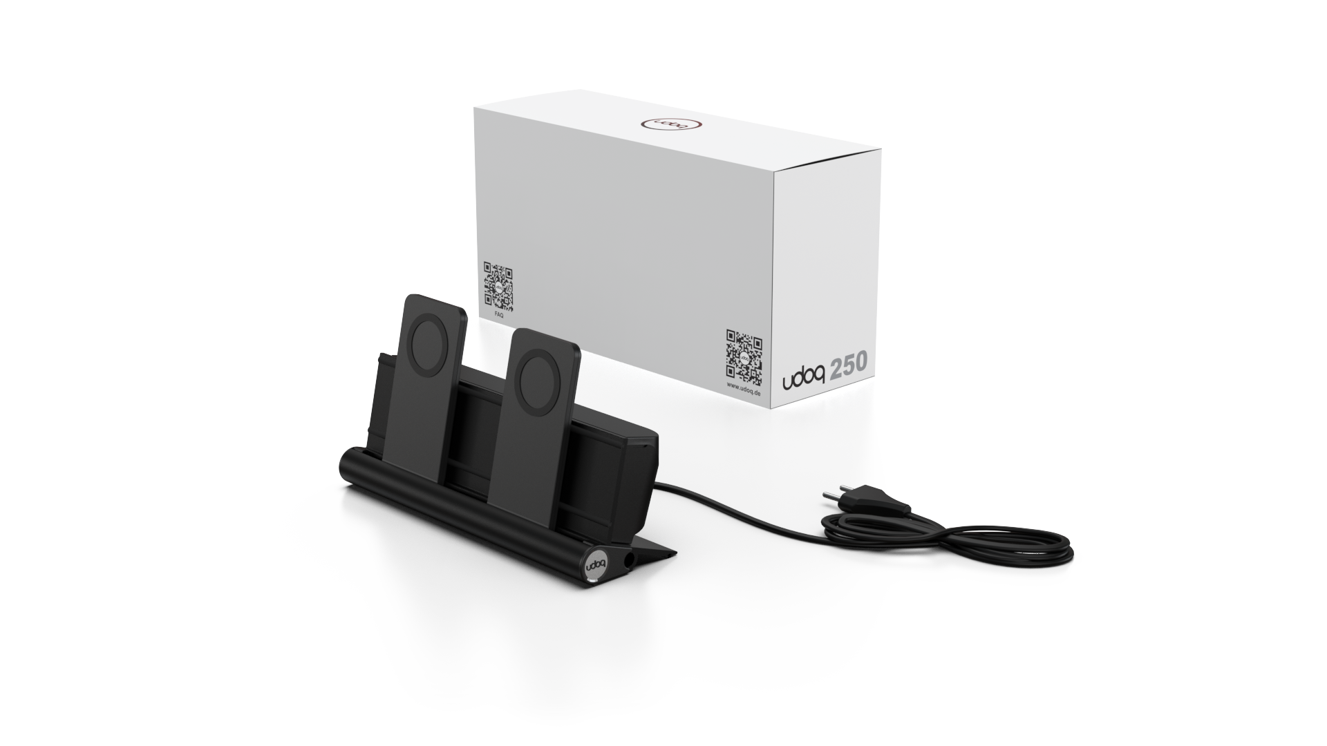 udoq 250 MAGNETIC schwarz - 4 fach Ladestation gefräst und eloxiert aus solidem Aluminium. Exklusives Design mit patentierten verschiebbaren Anschlüssen. Lade platzsparend alle iPad, iPhone, AirPods, Apple Watch und Android Geräte mit bis zu 136W.