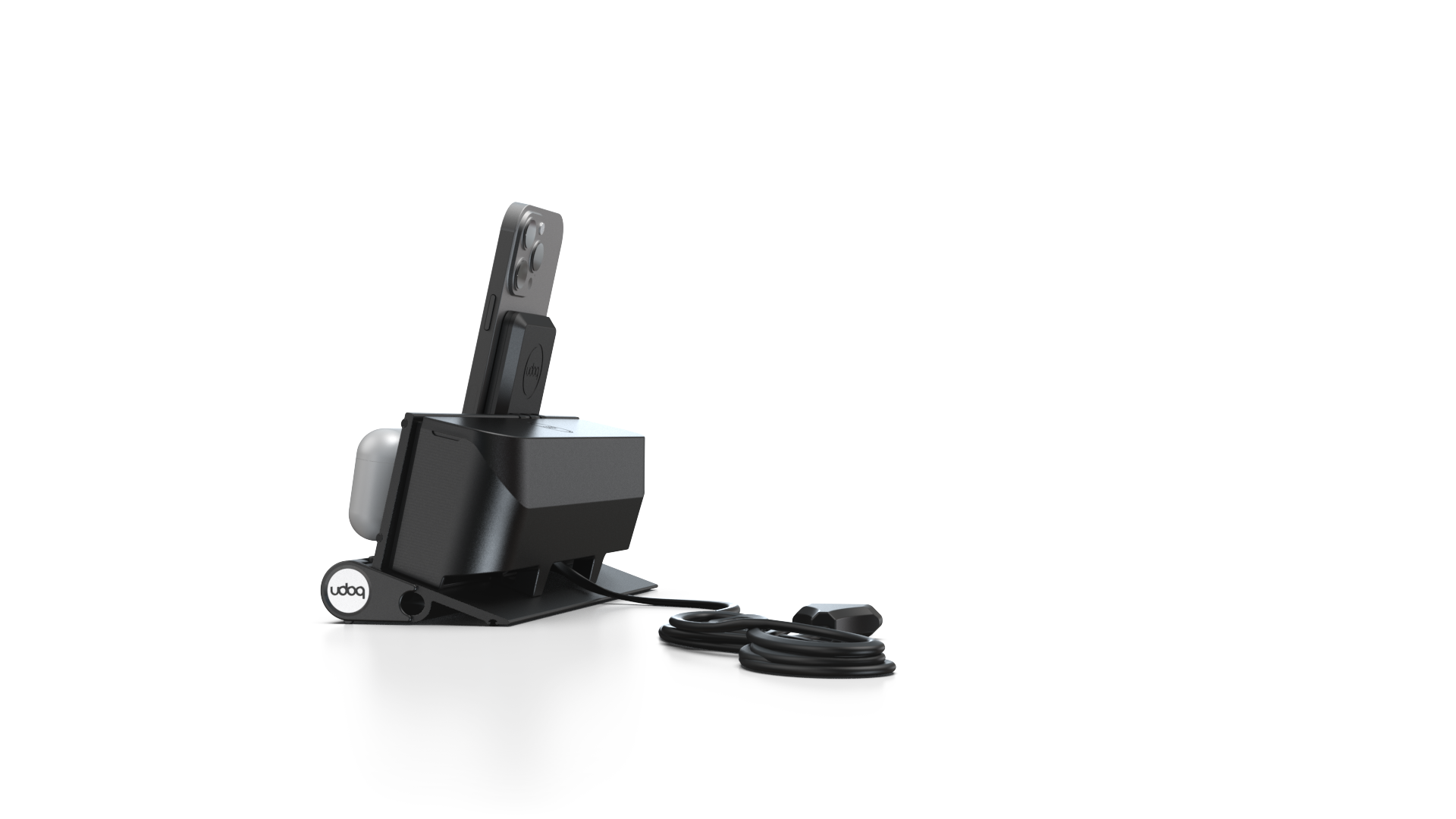 udoq 250 PREMIUM schwarz - 2 fach Ladestation gefräst und eloxiert aus solidem Aluminium. Exklusives Design mit patentierten verschiebbaren Anschlüssen. Lade platzsparend alle iPad, iPhone, AirPods, Apple Watch und Android Geräte mit bis zu 136W.