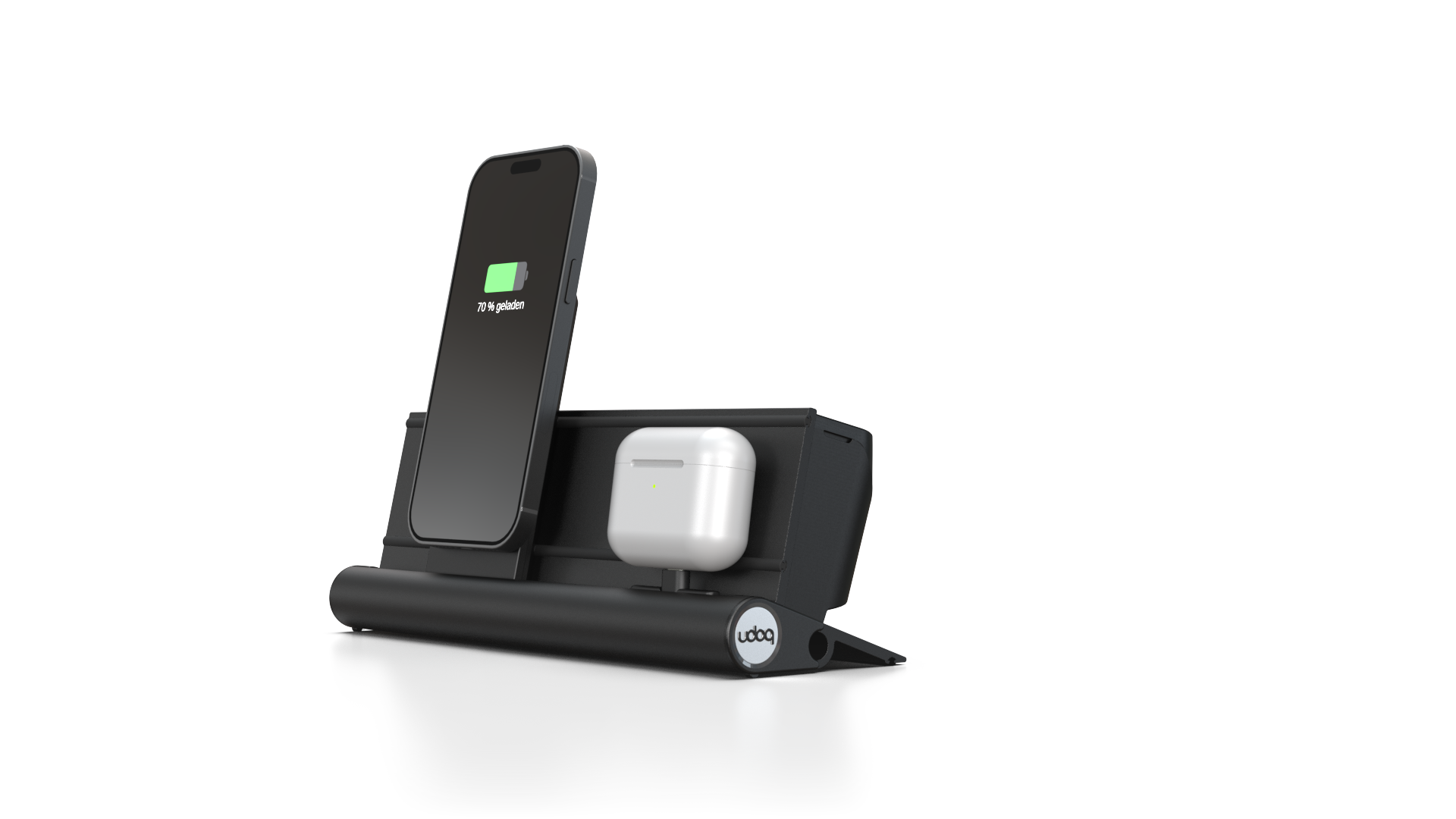 udoq 250 PREMIUM schwarz - 2 fach Ladestation gefräst und eloxiert aus solidem Aluminium. Exklusives Design mit patentierten verschiebbaren Anschlüssen. Lade platzsparend alle iPad, iPhone, AirPods, Apple Watch und Android Geräte mit bis zu 136W.