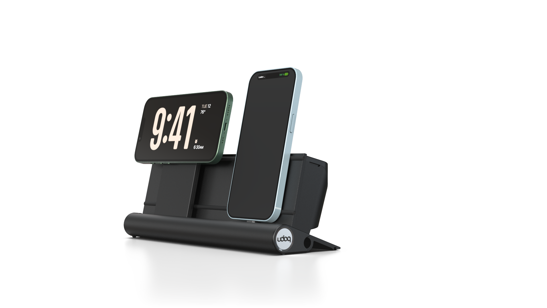 udoq 250 PREMIUM schwarz - 2 fach Ladestation gefräst und eloxiert aus solidem Aluminium. Exklusives Design mit patentierten verschiebbaren Anschlüssen. Lade platzsparend alle iPad, iPhone, AirPods, Apple Watch und Android Geräte mit bis zu 136W.