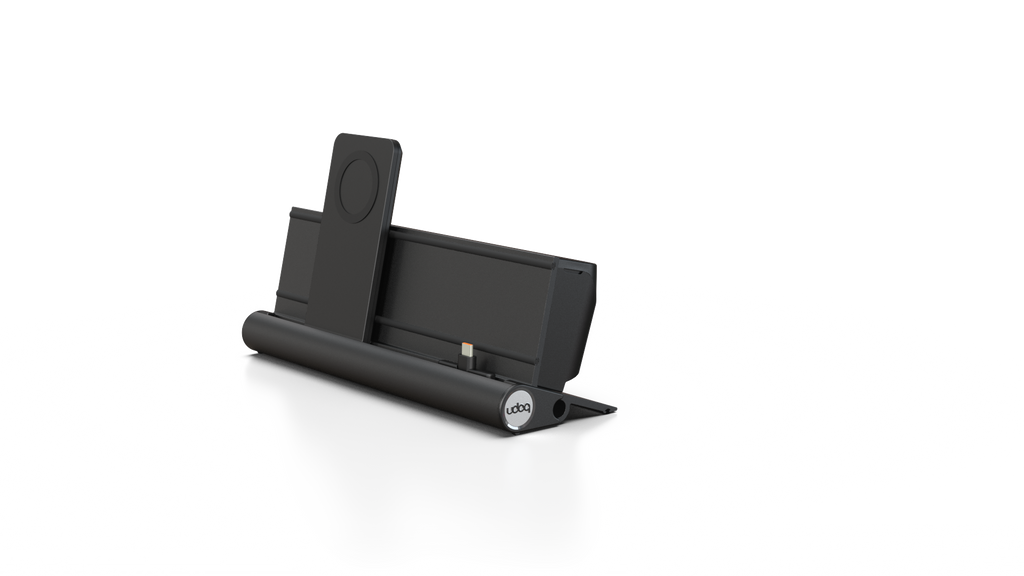 udoq 250 PREMIUM schwarz - 2 fach Ladestation gefräst und eloxiert aus solidem Aluminium. Exklusives Design mit patentierten verschiebbaren Anschlüssen. Lade platzsparend alle iPad, iPhone, AirPods, Apple Watch und Android Geräte mit bis zu 136W.