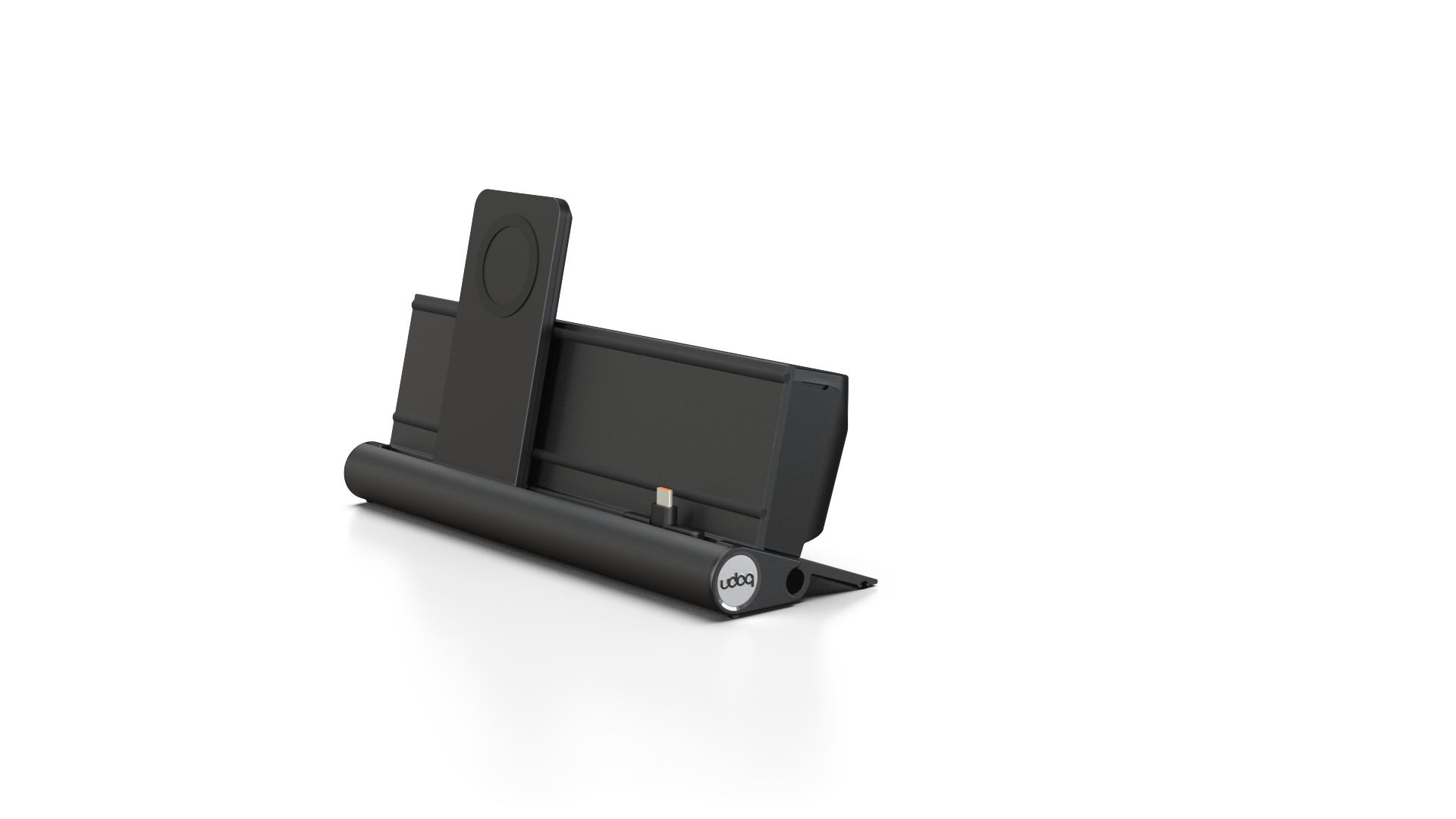 udoq 250 PREMIUM schwarz - 2 fach Ladestation gefräst und eloxiert aus solidem Aluminium. Exklusives Design mit patentierten verschiebbaren Anschlüssen. Lade platzsparend alle iPad, iPhone, AirPods, Apple Watch und Android Geräte mit bis zu 136W.