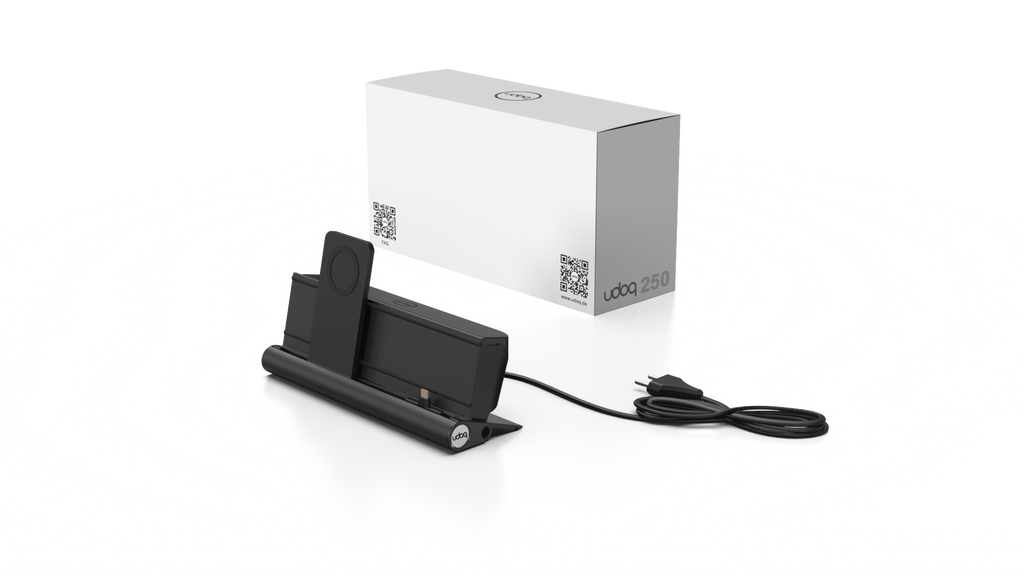 udoq 250 PREMIUM schwarz - 2 fach Ladestation gefräst und eloxiert aus solidem Aluminium. Exklusives Design mit patentierten verschiebbaren Anschlüssen. Lade platzsparend alle iPad, iPhone, AirPods, Apple Watch und Android Geräte mit bis zu 136W.