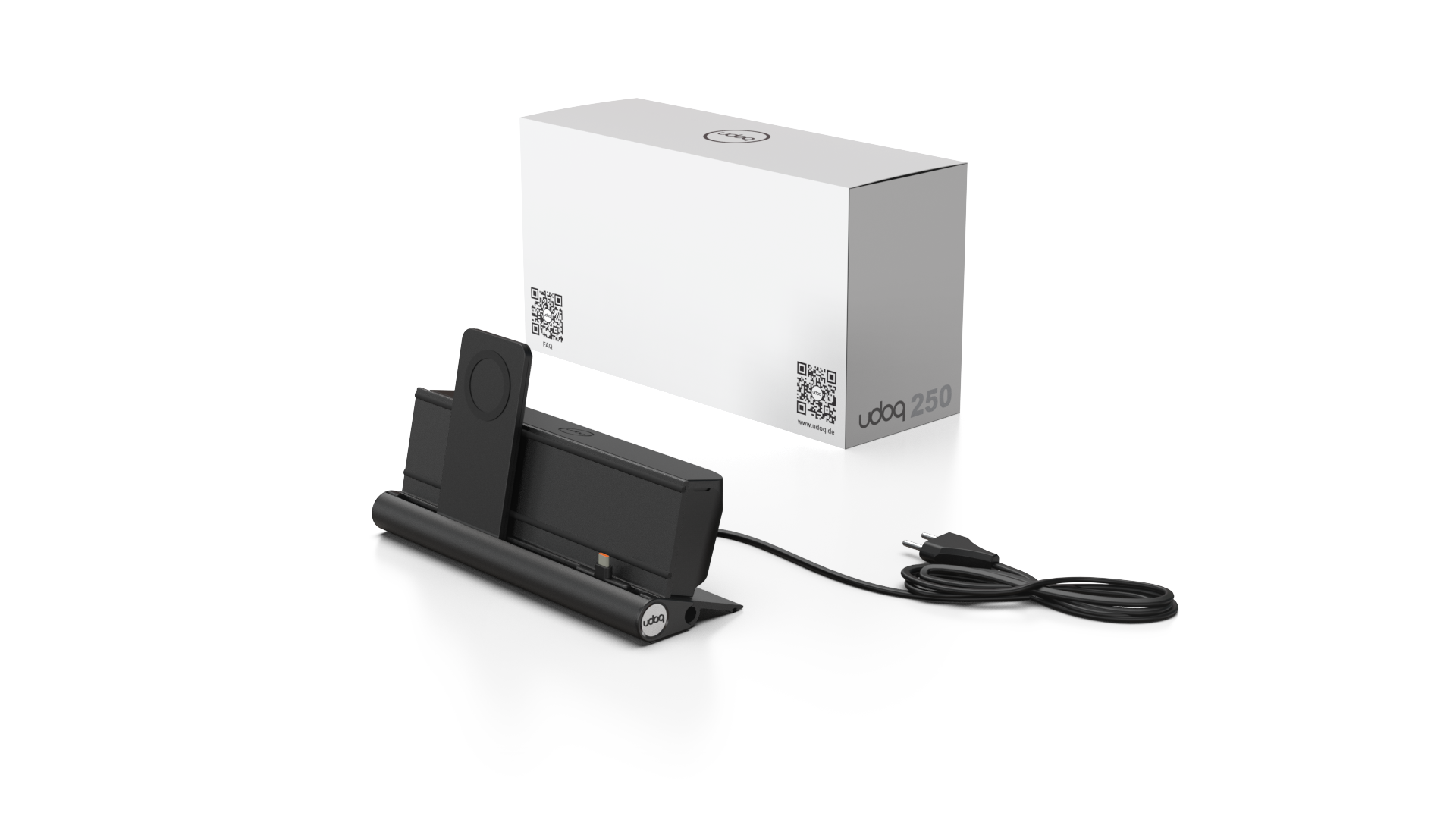 udoq 250 PREMIUM schwarz - 2 fach Ladestation gefräst und eloxiert aus solidem Aluminium. Exklusives Design mit patentierten verschiebbaren Anschlüssen. Lade platzsparend alle iPad, iPhone, AirPods, Apple Watch und Android Geräte mit bis zu 136W.