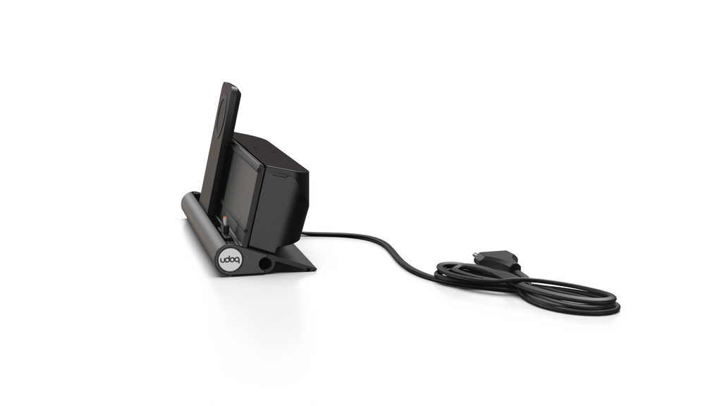 udoq 250 PREMIUM schwarz - 2 fach Ladestation gefräst und eloxiert aus solidem Aluminium. Exklusives Design mit patentierten verschiebbaren Anschlüssen. Lade platzsparend alle iPad, iPhone, AirPods, Apple Watch und Android Geräte mit bis zu 136W.