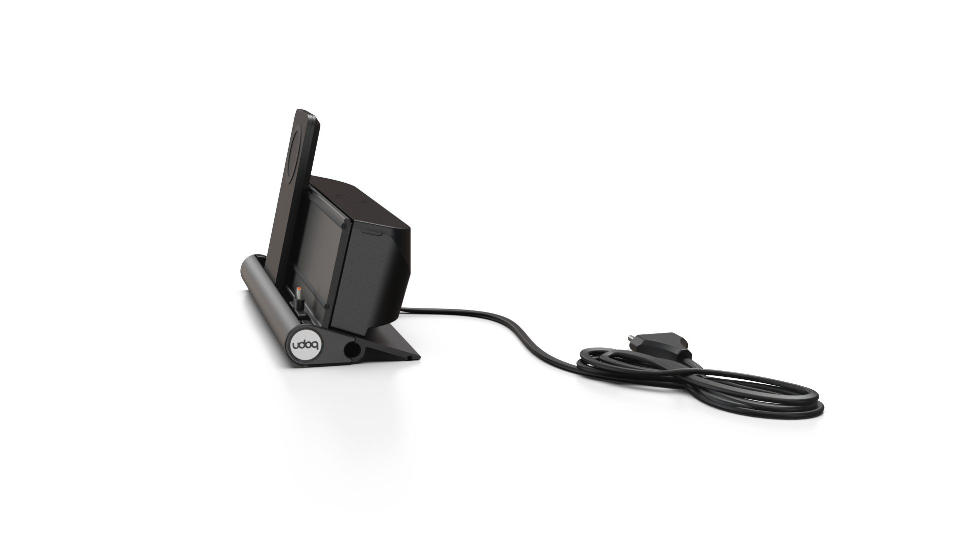 udoq 250 PREMIUM schwarz - 2 fach Ladestation gefräst und eloxiert aus solidem Aluminium. Exklusives Design mit patentierten verschiebbaren Anschlüssen. Lade platzsparend alle iPad, iPhone, AirPods, Apple Watch und Android Geräte mit bis zu 136W.