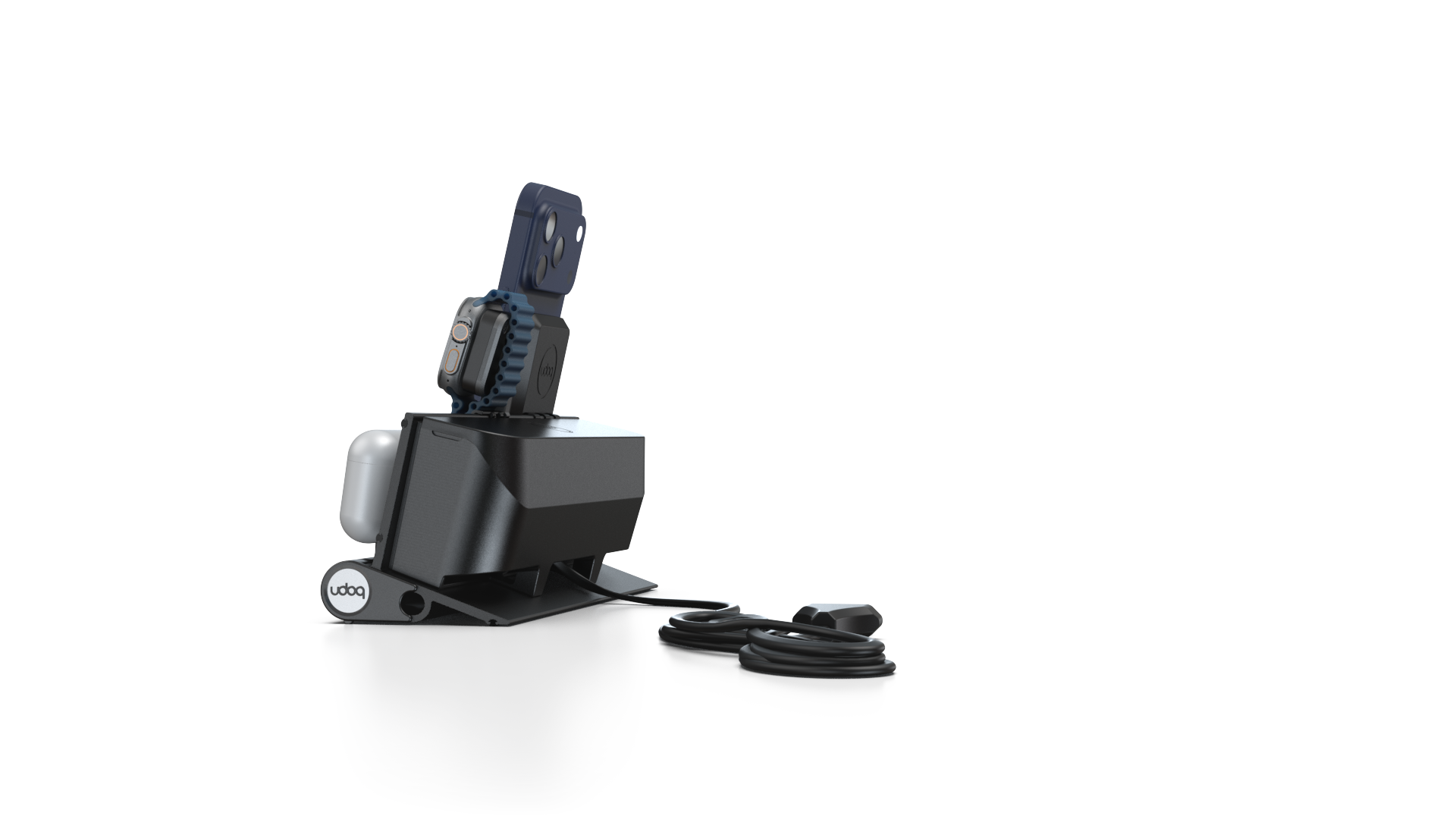 udoq 250 PREMIUM WATCH Ladestation schwarz - 3 fach Ladestation gefräst und eloxiert aus solidem Aluminium. Exklusives Design mit patentierten verschiebbaren Anschlüssen. Lade platzsparend alle iPad, iPhone, AirPods, Apple Watch und Android Geräte mit bis zu 136W.