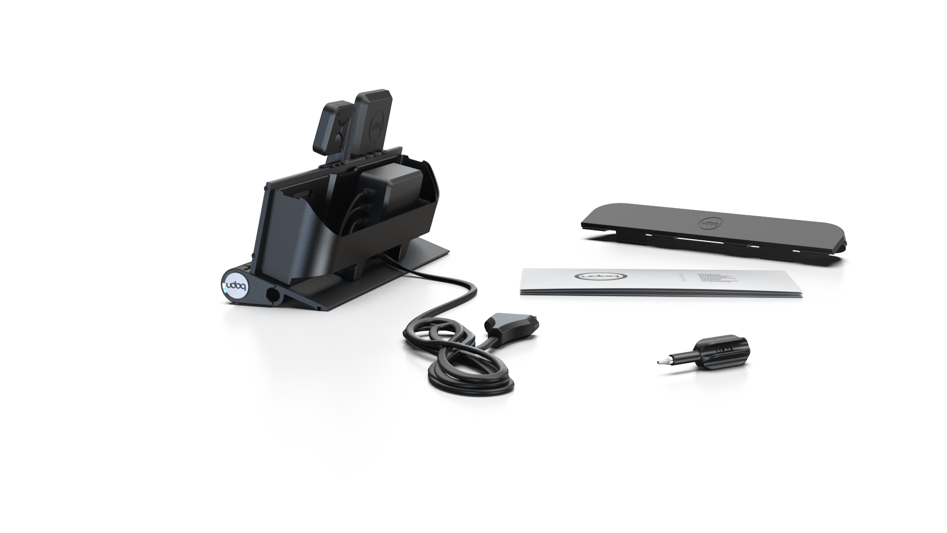 udoq 250 PREMIUM WATCH Ladestation schwarz - 3 fach Ladestation gefräst und eloxiert aus solidem Aluminium. Exklusives Design mit patentierten verschiebbaren Anschlüssen. Lade platzsparend alle iPad, iPhone, AirPods, Apple Watch und Android Geräte mit bis zu 136W.