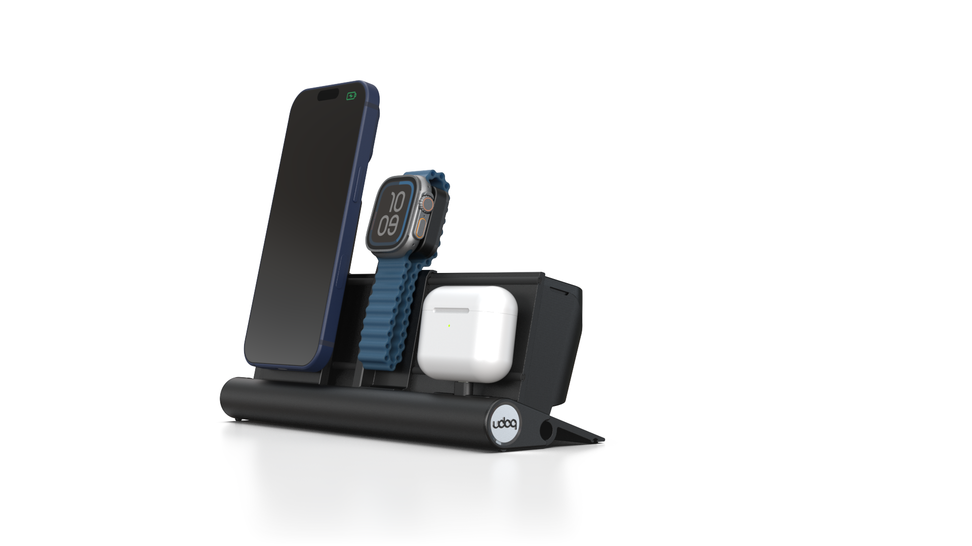 udoq 250 PREMIUM WATCH Ladestation schwarz - 3 fach Ladestation gefräst und eloxiert aus solidem Aluminium. Exklusives Design mit patentierten verschiebbaren Anschlüssen. Lade platzsparend alle iPad, iPhone, AirPods, Apple Watch und Android Geräte mit bis zu 136W.