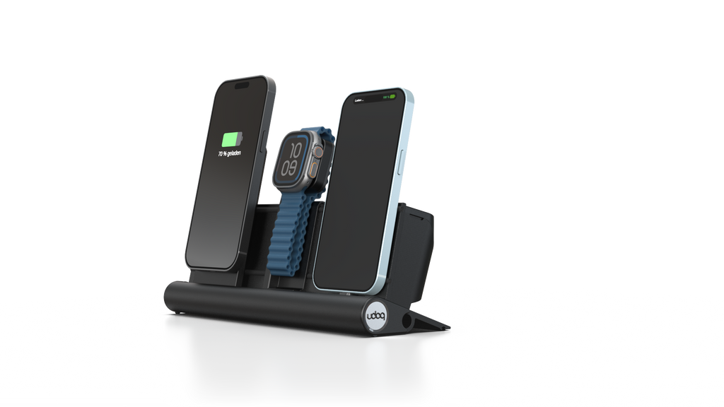 udoq 250 PREMIUM WATCH Ladestation schwarz - 3 fach Ladestation gefräst und eloxiert aus solidem Aluminium. Exklusives Design mit patentierten verschiebbaren Anschlüssen. Lade platzsparend alle iPad, iPhone, AirPods, Apple Watch und Android Geräte mit bis zu 136W.