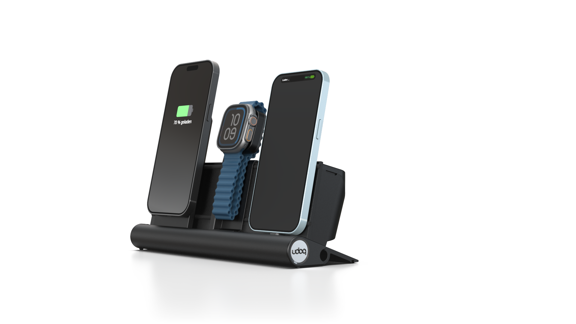 udoq 250 PREMIUM WATCH Ladestation schwarz - 3 fach Ladestation gefräst und eloxiert aus solidem Aluminium. Exklusives Design mit patentierten verschiebbaren Anschlüssen. Lade platzsparend alle iPad, iPhone, AirPods, Apple Watch und Android Geräte mit bis zu 136W.
