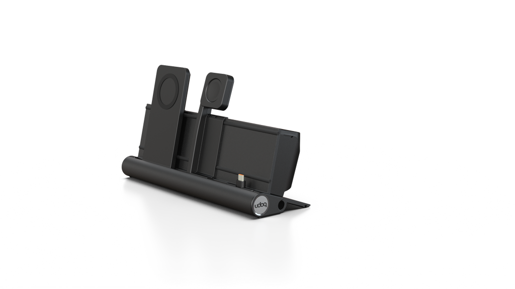 udoq 250 PREMIUM WATCH Ladestation schwarz - 3 fach Ladestation gefräst und eloxiert aus solidem Aluminium. Exklusives Design mit patentierten verschiebbaren Anschlüssen. Lade platzsparend alle iPad, iPhone, AirPods, Apple Watch und Android Geräte mit bis zu 136W.