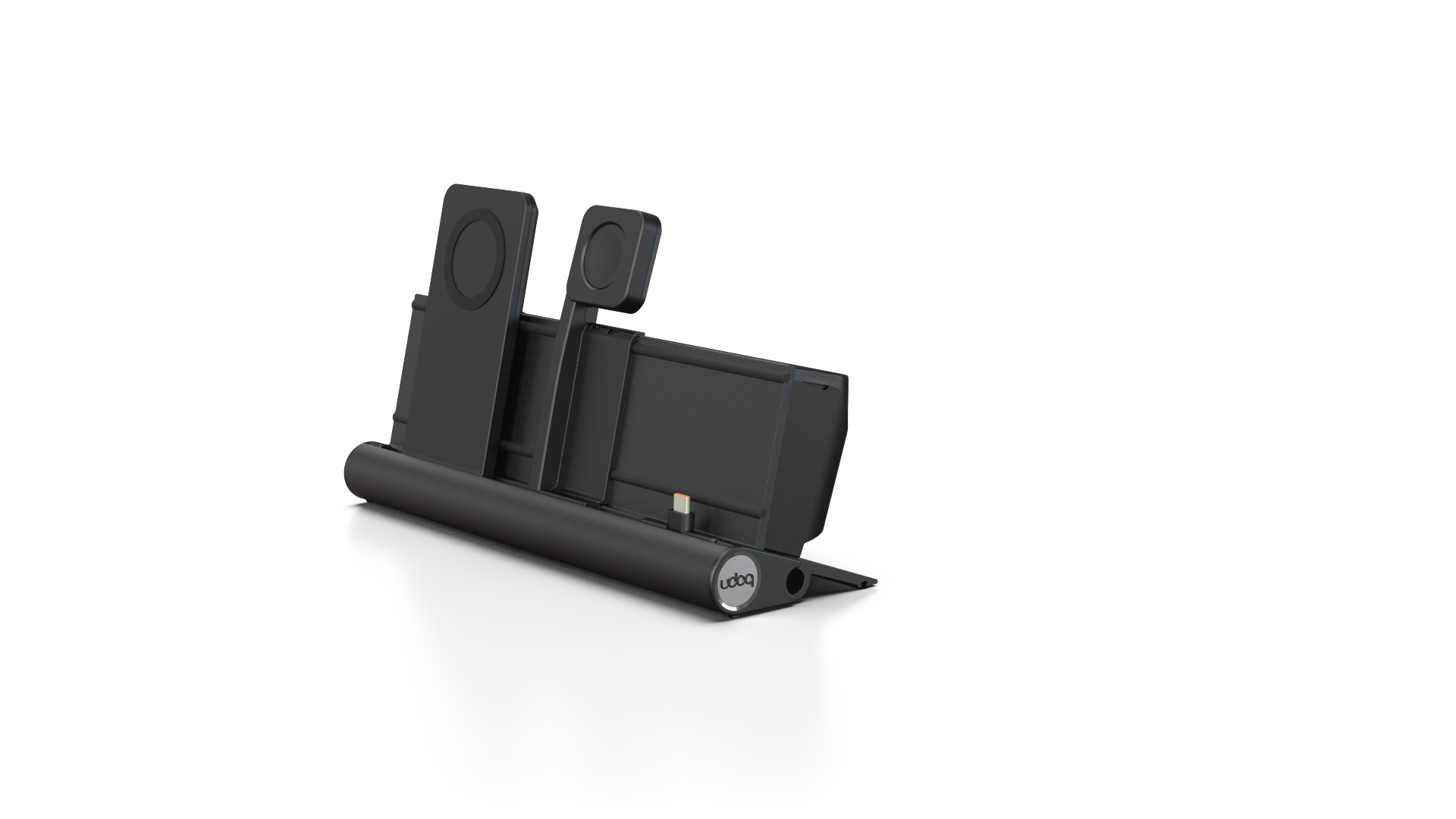 udoq 250 PREMIUM WATCH Ladestation schwarz - 3 fach Ladestation gefräst und eloxiert aus solidem Aluminium. Exklusives Design mit patentierten verschiebbaren Anschlüssen. Lade platzsparend alle iPad, iPhone, AirPods, Apple Watch und Android Geräte mit bis zu 136W.