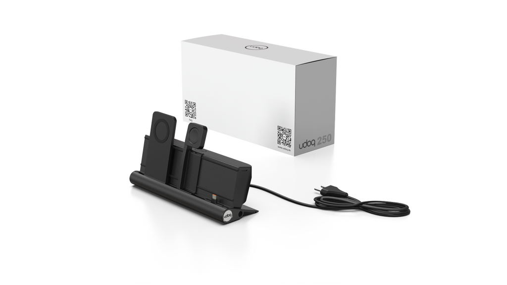 udoq 250 PREMIUM WATCH Ladestation schwarz - 3 fach Ladestation gefräst und eloxiert aus solidem Aluminium. Exklusives Design mit patentierten verschiebbaren Anschlüssen. Lade platzsparend alle iPad, iPhone, AirPods, Apple Watch und Android Geräte mit bis zu 136W.
