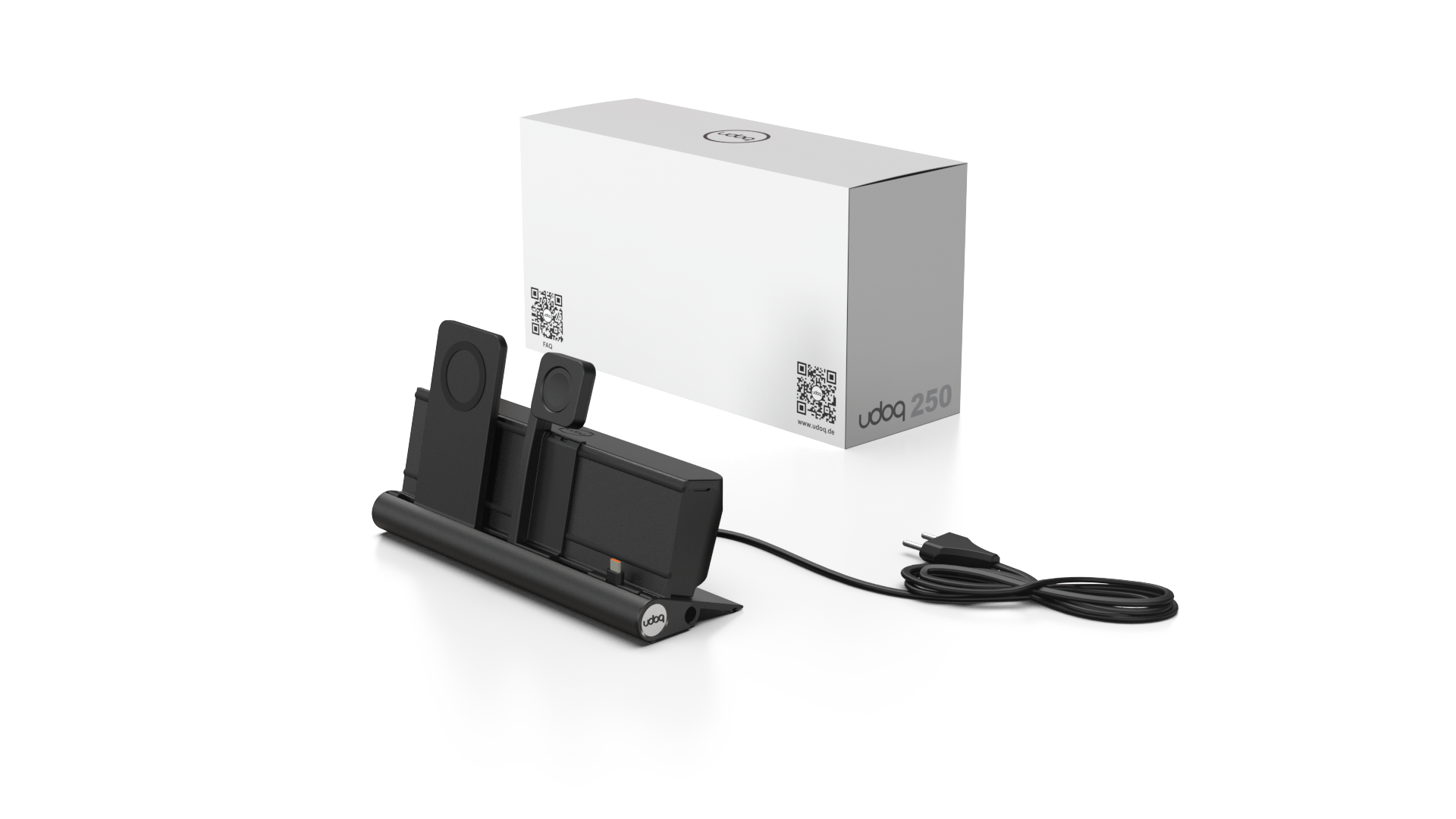 udoq 250 PREMIUM WATCH Ladestation schwarz - 3 fach Ladestation gefräst und eloxiert aus solidem Aluminium. Exklusives Design mit patentierten verschiebbaren Anschlüssen. Lade platzsparend alle iPad, iPhone, AirPods, Apple Watch und Android Geräte mit bis zu 136W.