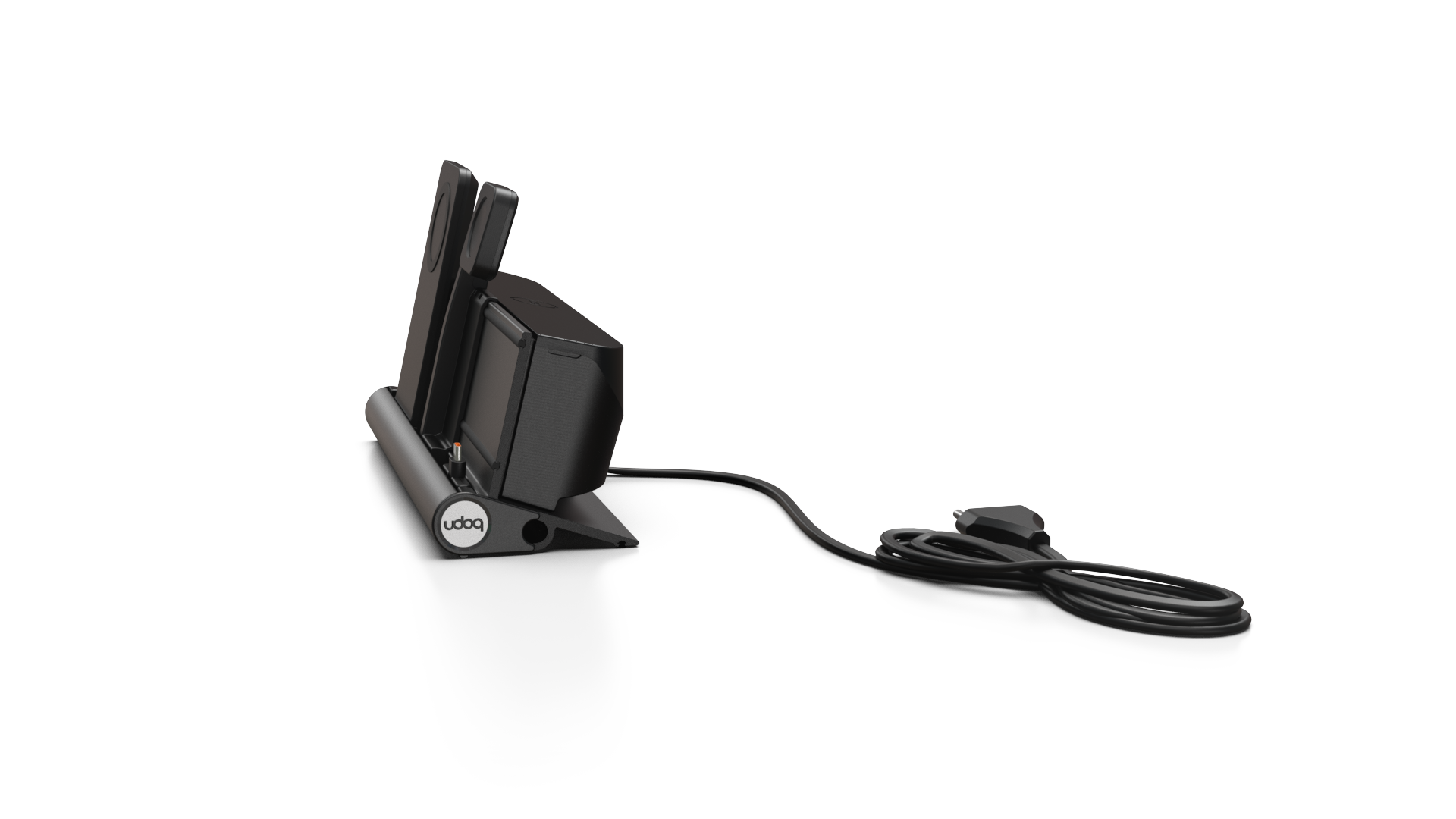 udoq 250 PREMIUM WATCH Ladestation schwarz - 3 fach Ladestation gefräst und eloxiert aus solidem Aluminium. Exklusives Design mit patentierten verschiebbaren Anschlüssen. Lade platzsparend alle iPad, iPhone, AirPods, Apple Watch und Android Geräte mit bis zu 136W.