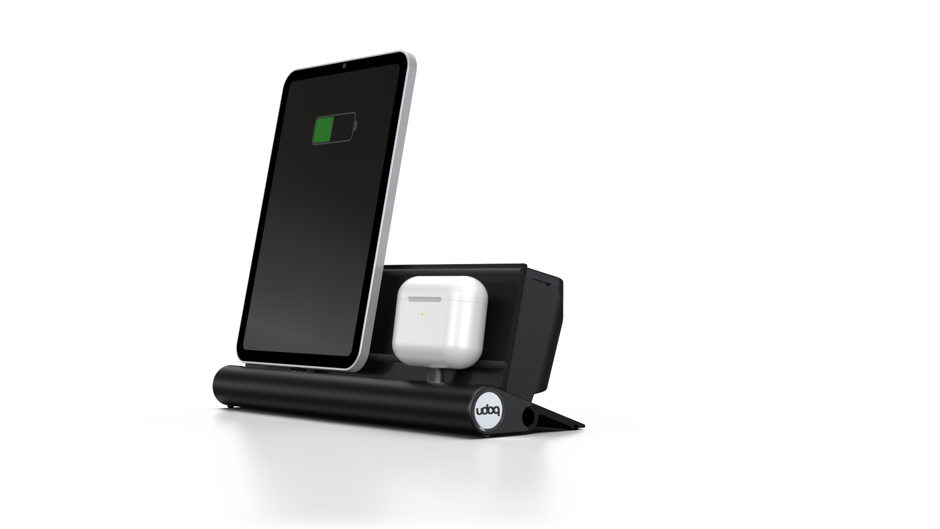 udoq 250 STARTER schwarz - 5 fach Ladestation gefräst und eloxiert aus solidem Aluminium. Exklusives Design mit patentierten verschiebbaren Anschlüssen. Lade platzsparend alle iPad, iPhone, AirPods, Apple Watch und Android Geräte mit bis zu 136W.