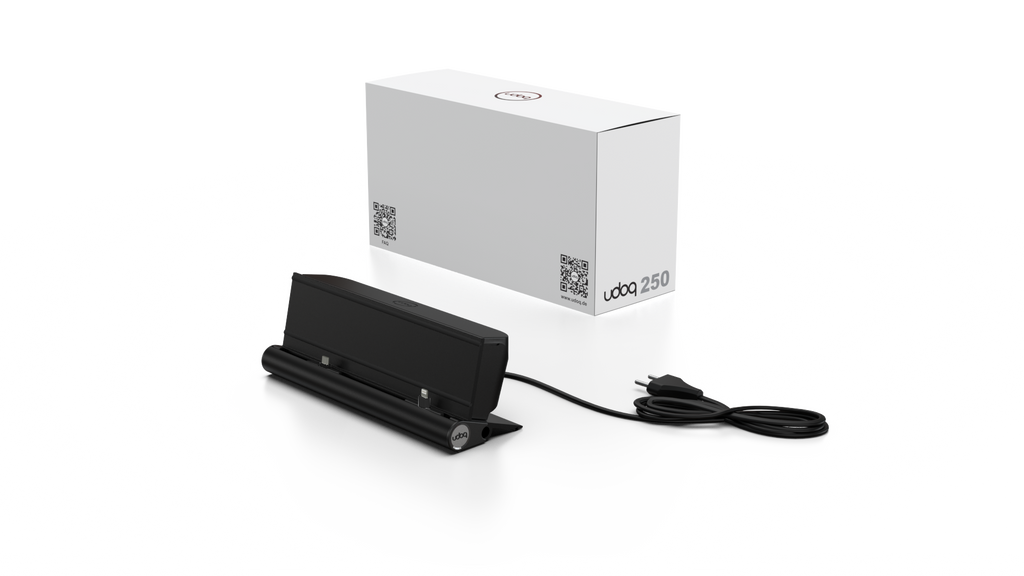 udoq 250 STARTER schwarz - 5 fach Ladestation gefräst und eloxiert aus solidem Aluminium. Exklusives Design mit patentierten verschiebbaren Anschlüssen. Lade platzsparend alle iPad, iPhone, AirPods, Apple Watch und Android Geräte mit bis zu 136W.