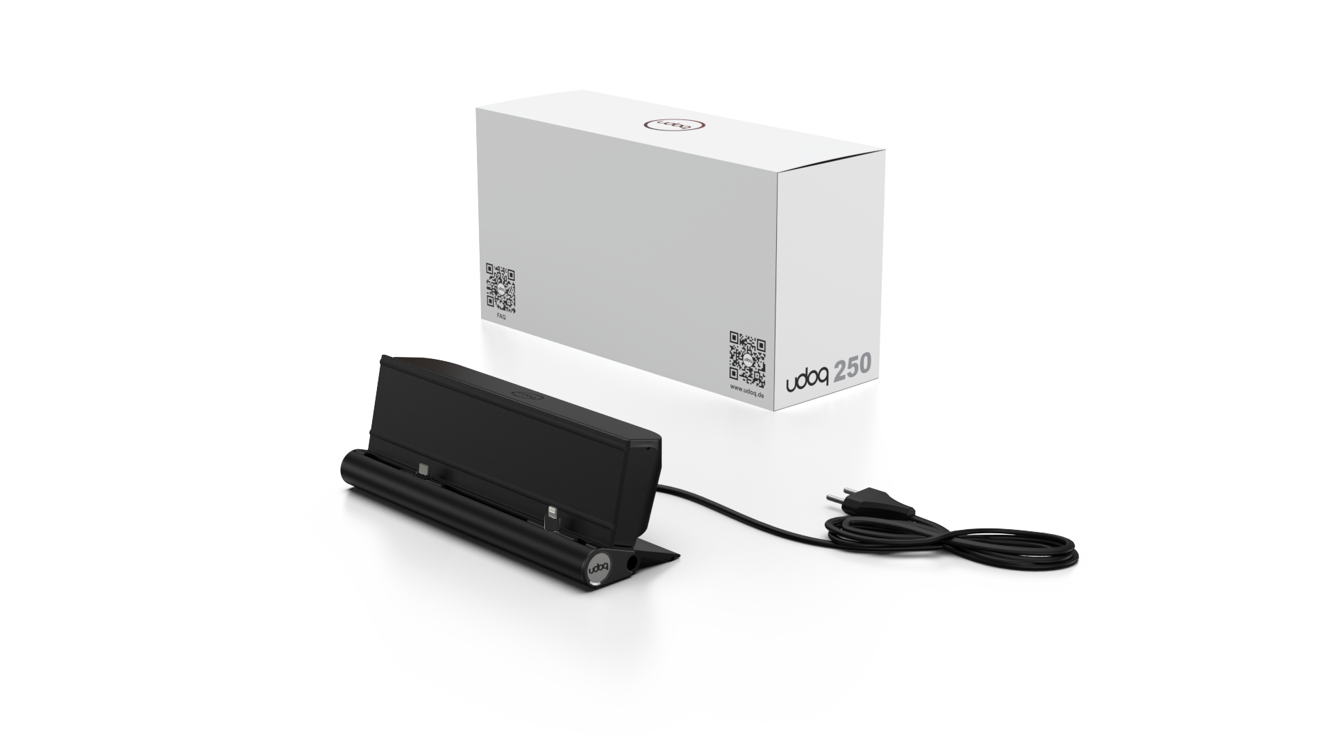 udoq 250 STARTER schwarz - 5 fach Ladestation gefräst und eloxiert aus solidem Aluminium. Exklusives Design mit patentierten verschiebbaren Anschlüssen. Lade platzsparend alle iPad, iPhone, AirPods, Apple Watch und Android Geräte mit bis zu 136W.