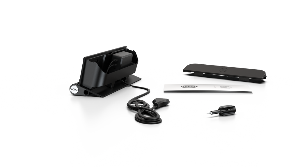 udoq 250 STARTER schwarz - 5 fach Ladestation gefräst und eloxiert aus solidem Aluminium. Exklusives Design mit patentierten verschiebbaren Anschlüssen. Lade platzsparend alle iPad, iPhone, AirPods, Apple Watch und Android Geräte mit bis zu 136W.