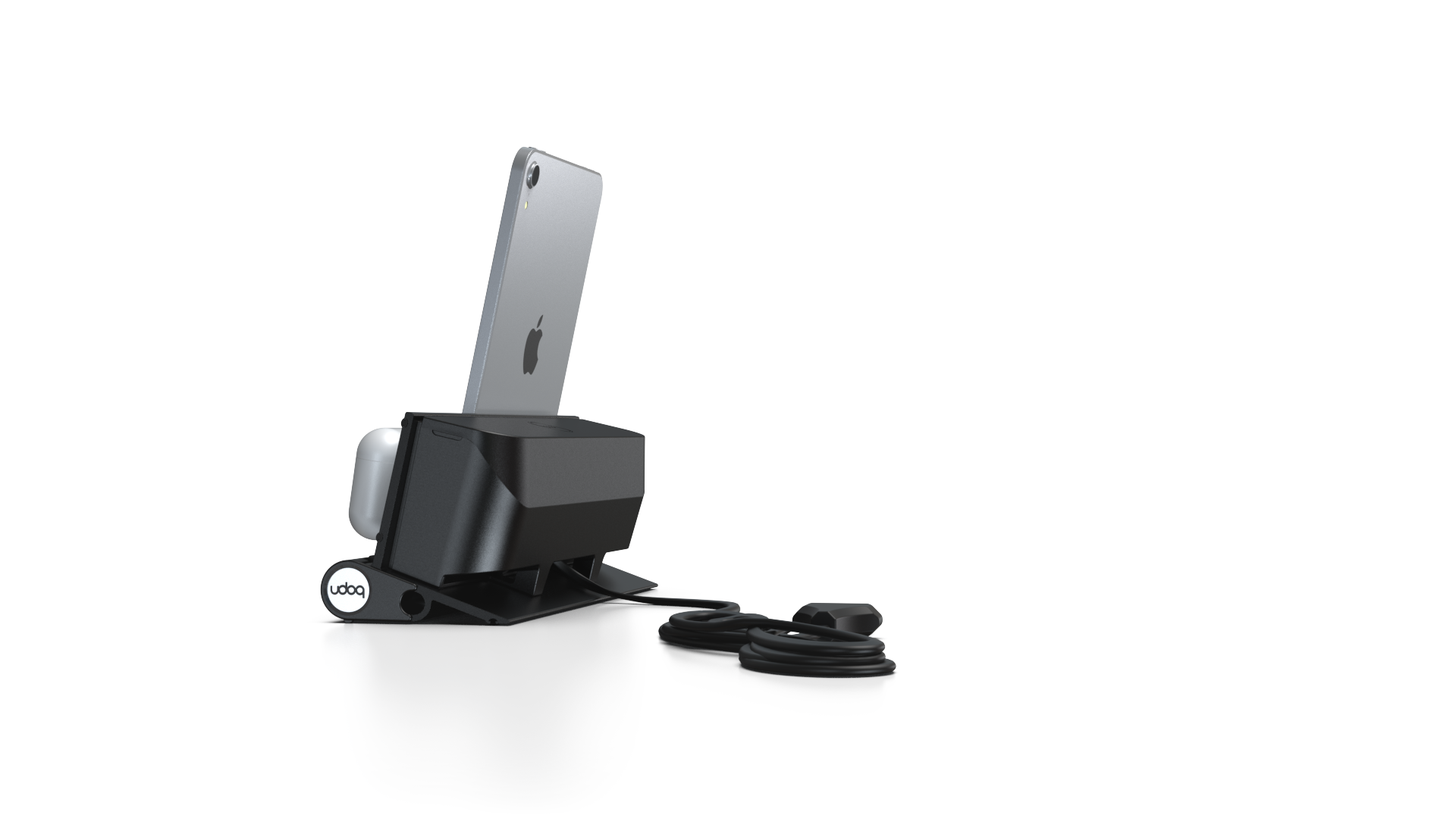 udoq 250 STARTER schwarz - 5 fach Ladestation gefräst und eloxiert aus solidem Aluminium. Exklusives Design mit patentierten verschiebbaren Anschlüssen. Lade platzsparend alle iPad, iPhone, AirPods, Apple Watch und Android Geräte mit bis zu 136W.