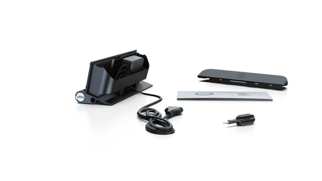 udoq 250 STARTER schwarz - 5 fach Ladestation gefräst und eloxiert aus solidem Aluminium. Exklusives Design mit patentierten verschiebbaren Anschlüssen. Lade platzsparend alle iPad, iPhone, AirPods, Apple Watch und Android Geräte mit bis zu 136W.