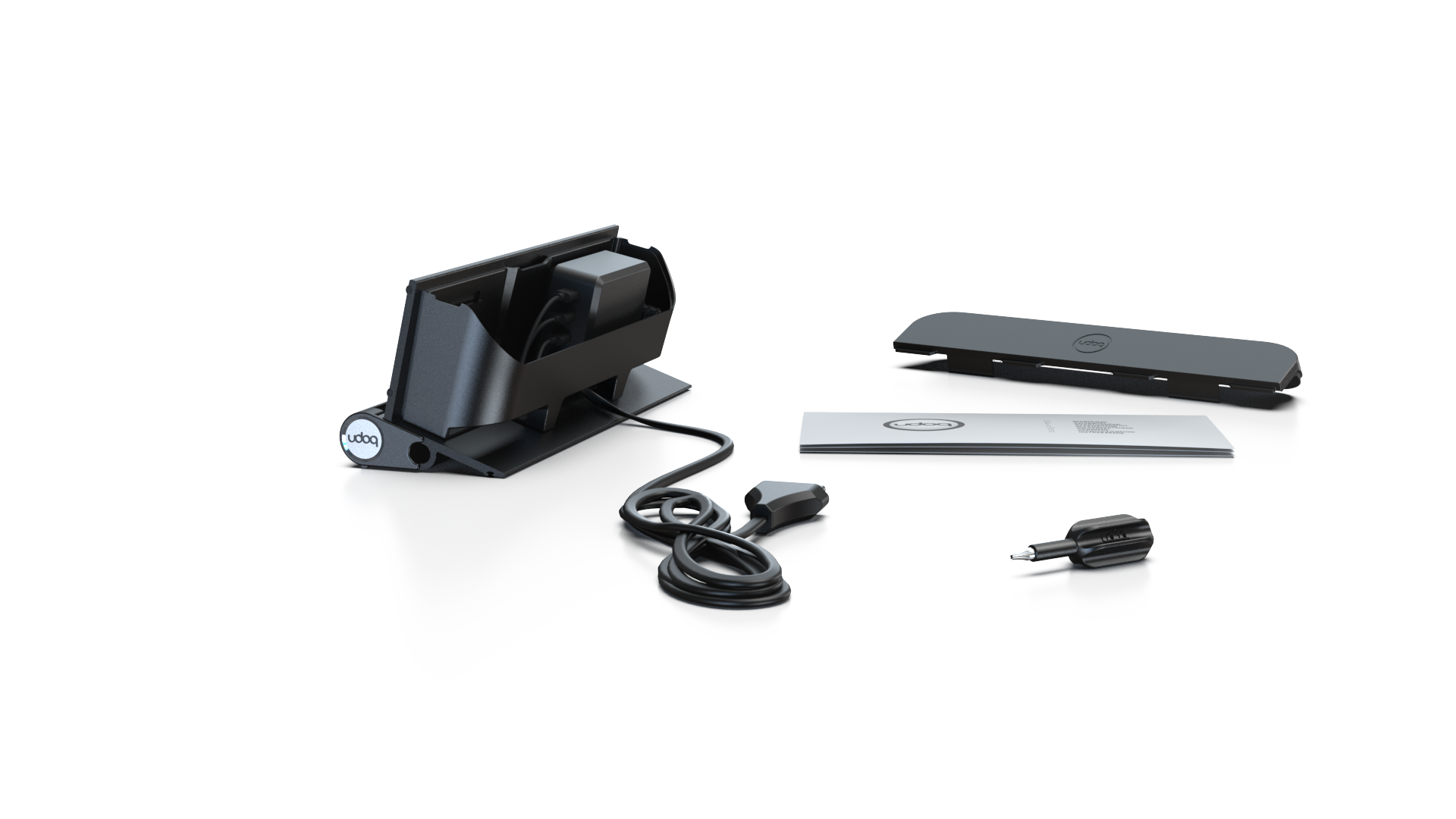 udoq 250 STARTER schwarz - 5 fach Ladestation gefräst und eloxiert aus solidem Aluminium. Exklusives Design mit patentierten verschiebbaren Anschlüssen. Lade platzsparend alle iPad, iPhone, AirPods, Apple Watch und Android Geräte mit bis zu 136W.