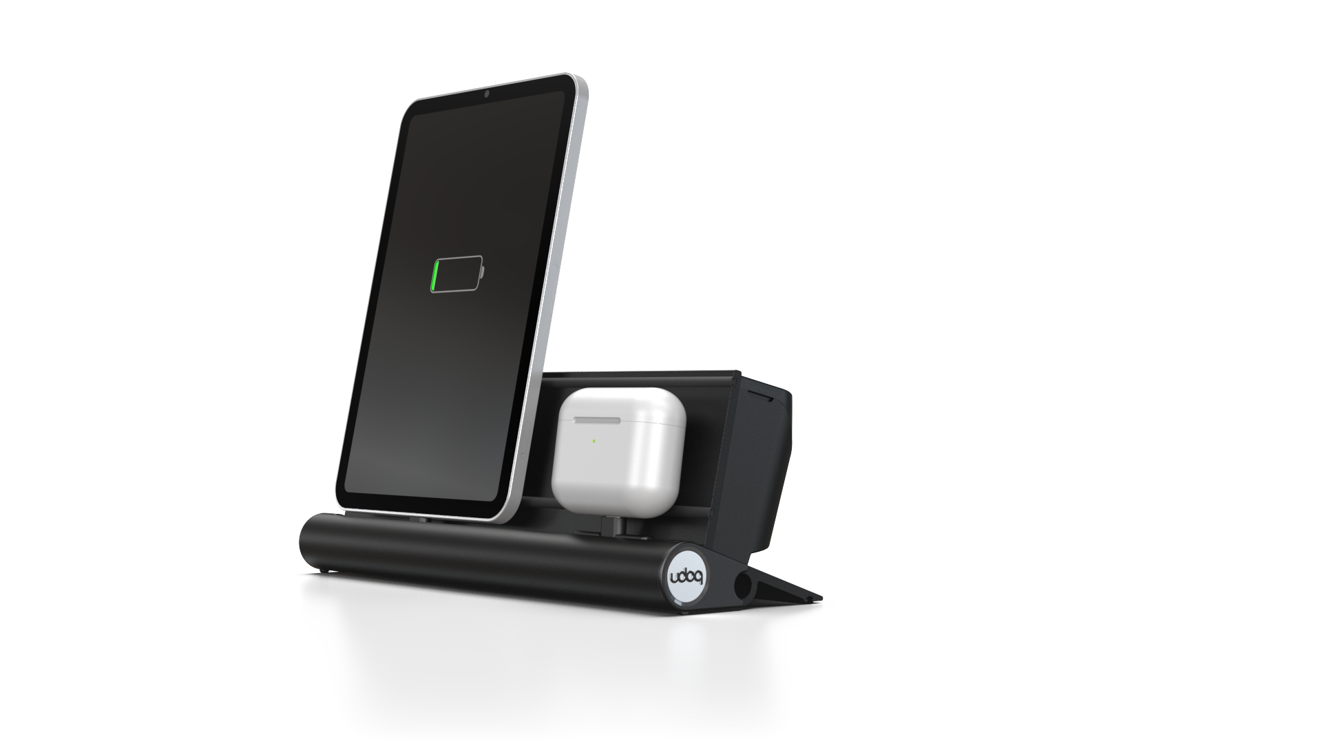 udoq 250 STARTER schwarz - 5 fach Ladestation gefräst und eloxiert aus solidem Aluminium. Exklusives Design mit patentierten verschiebbaren Anschlüssen. Lade platzsparend alle iPad, iPhone, AirPods, Apple Watch und Android Geräte mit bis zu 136W.