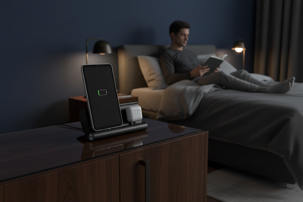 udoq 250 STARTER schwarz - 5 fach Ladestation gefräst und eloxiert aus solidem Aluminium. Exklusives Design mit patentierten verschiebbaren Anschlüssen. Lade platzsparend alle iPad, iPhone, AirPods, Apple Watch und Android Geräte mit bis zu 136W. AA