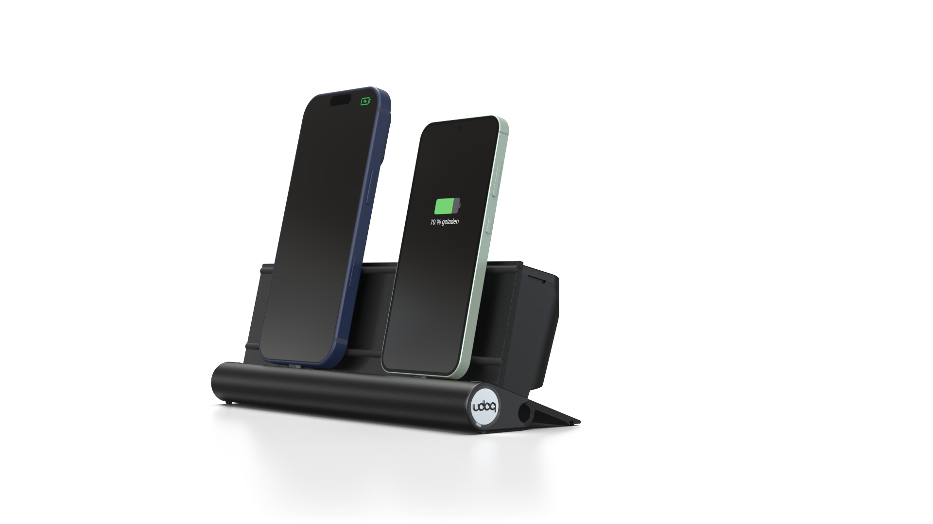 udoq 250 STARTER schwarz - 5 fach Ladestation gefräst und eloxiert aus solidem Aluminium. Exklusives Design mit patentierten verschiebbaren Anschlüssen. Lade platzsparend alle iPad, iPhone, AirPods, Apple Watch und Android Geräte mit bis zu 136W.