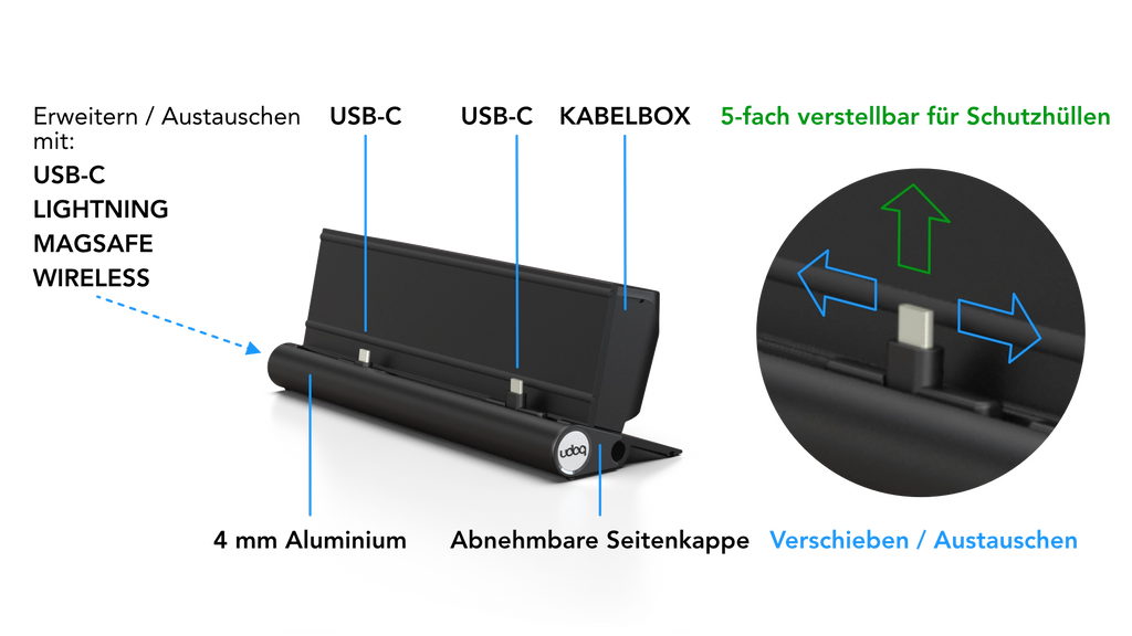 udoq 250 STARTER schwarz - 5 fach Ladestation gefräst und eloxiert aus solidem Aluminium. Exklusives Design mit patentierten verschiebbaren Anschlüssen. Lade platzsparend alle iPad, iPhone, AirPods, Apple Watch und Android Geräte mit bis zu 136W.