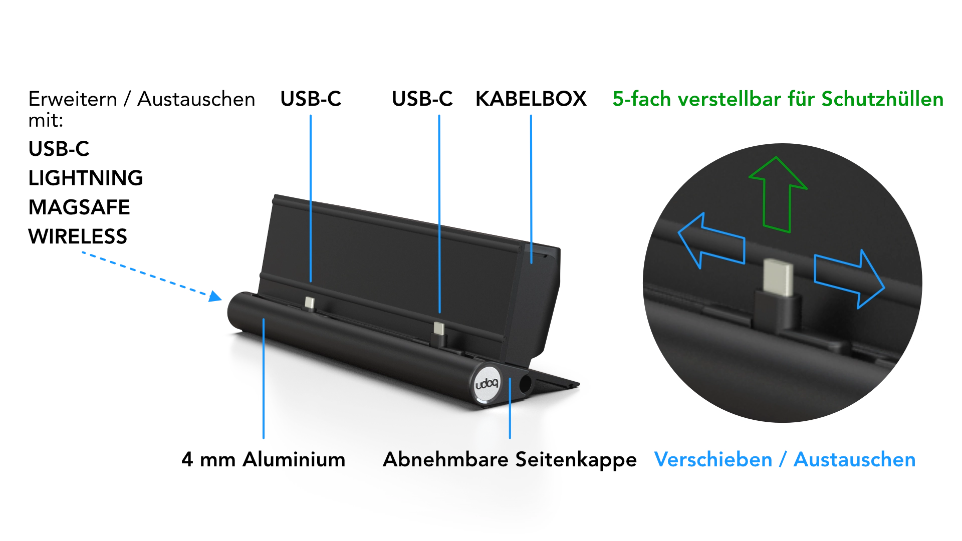 udoq 250 STARTER schwarz - 5 fach Ladestation gefräst und eloxiert aus solidem Aluminium. Exklusives Design mit patentierten verschiebbaren Anschlüssen. Lade platzsparend alle iPad, iPhone, AirPods, Apple Watch und Android Geräte mit bis zu 136W.