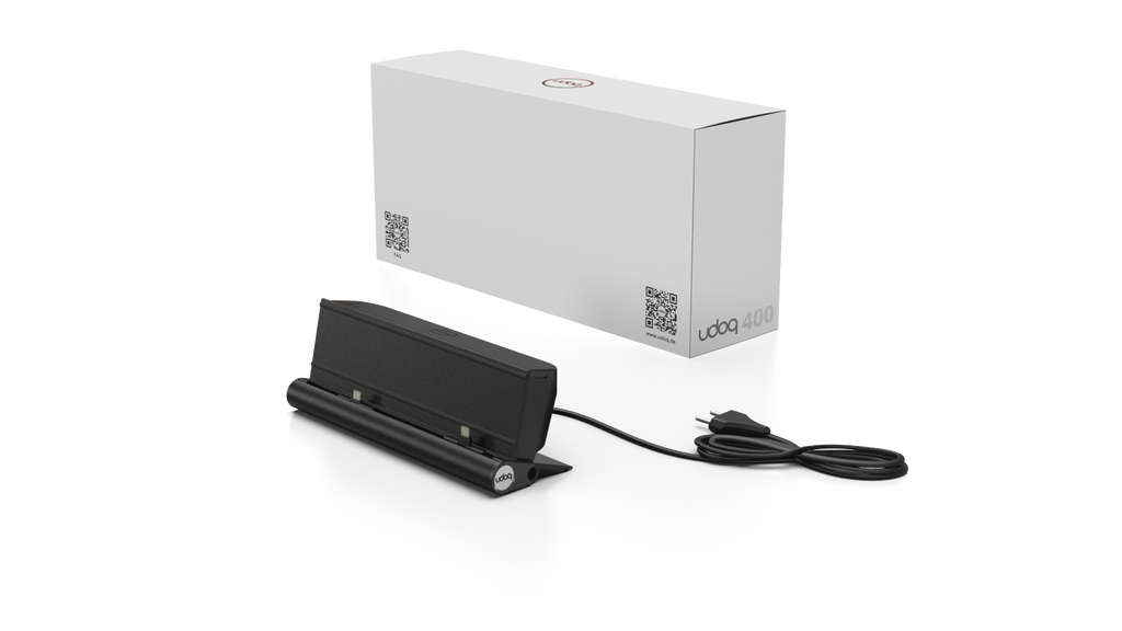 udoq 250 STARTER schwarz - 5 fach Ladestation gefräst und eloxiert aus solidem Aluminium. Exklusives Design mit patentierten verschiebbaren Anschlüssen. Lade platzsparend alle iPad, iPhone, AirPods, Apple Watch und Android Geräte mit bis zu 136W.