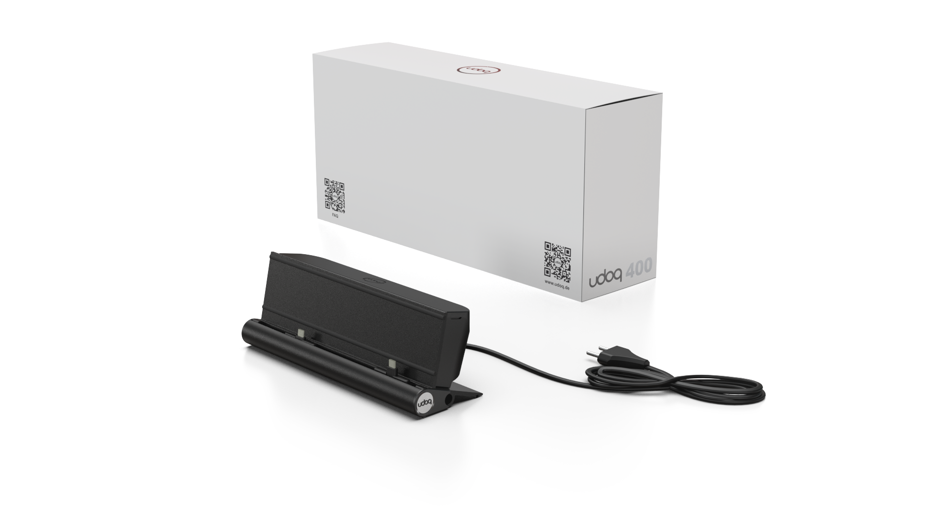 udoq 250 STARTER schwarz - 5 fach Ladestation gefräst und eloxiert aus solidem Aluminium. Exklusives Design mit patentierten verschiebbaren Anschlüssen. Lade platzsparend alle iPad, iPhone, AirPods, Apple Watch und Android Geräte mit bis zu 136W.