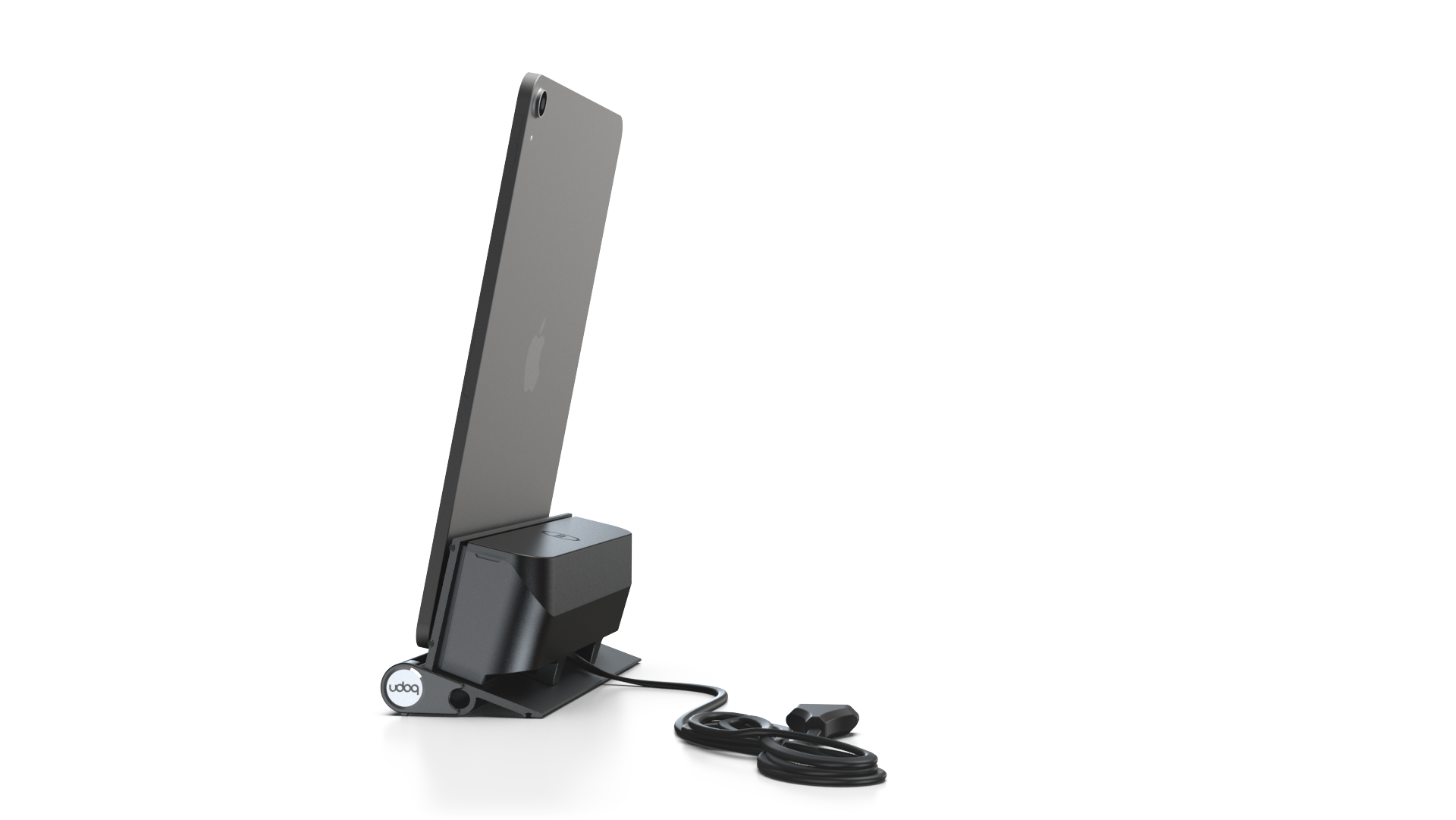 udoq 250 TABLET USB-C schwarz - 1 fach Ladestation gefräst und eloxiert aus solidem Aluminium. Exklusives Design mit patentierten verschiebbaren Anschlüssen. Lade platzsparend alle iPad, iPhone, AirPods, Apple Watch und Android Geräte mit bis zu 136W.